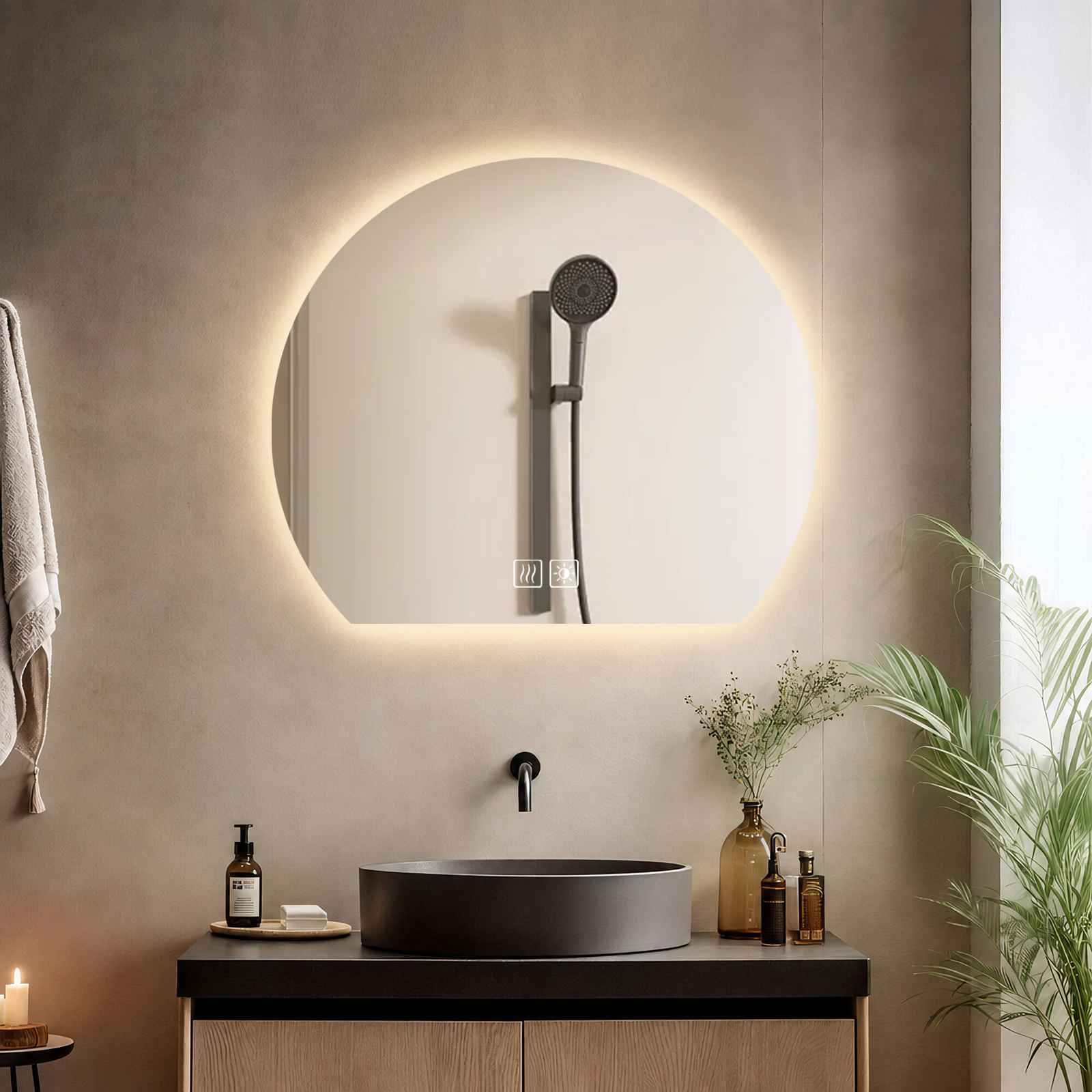 Lustro łazienkowe LED półokrągłe 70×63 cm, przeciwmgielne, sterowanie dotykowe, 3 kolory światła i regulacja jasności, bezramkowe