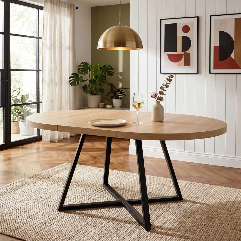 Rozkładany okrągły stół jadalny 100/140x100 cm, dla 4-6 osób, blat o grubości 3 cm, nogi metalowe, kolor dębowy