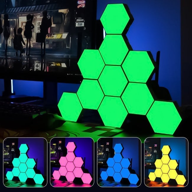 Zestaw 10 sześciokątnych lamp ściennych ze sterowaniem zdalnym, oświetleniem RGB, sterowaniem głosowym za pomocą aplikacji, synchronizacją muzyki
