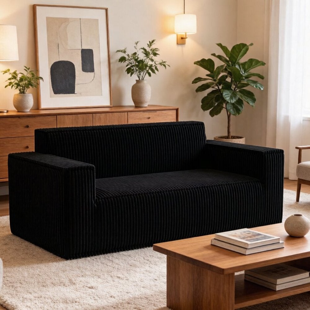 Nowoczesna sofa dwuosobowa z kordu, wygodne, głębokie siedzisko do salonu, mieszkania i biura