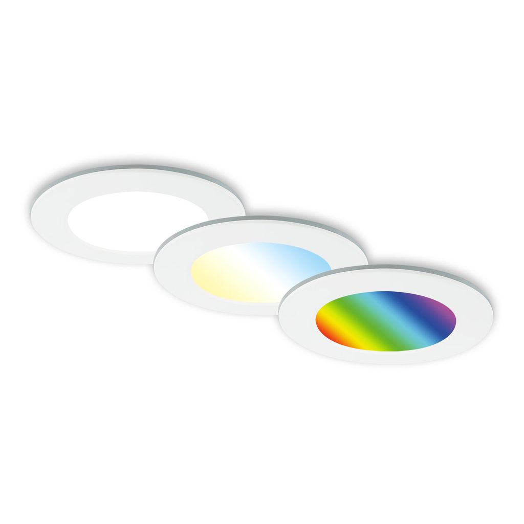 Wpuszczane oświetlenie łazienkowe LED Briloner RGB z pilotem, funkcją ściemniania i timerem. Stopień ochrony IP65. Średnica 9,2 cm. Kolor biały.