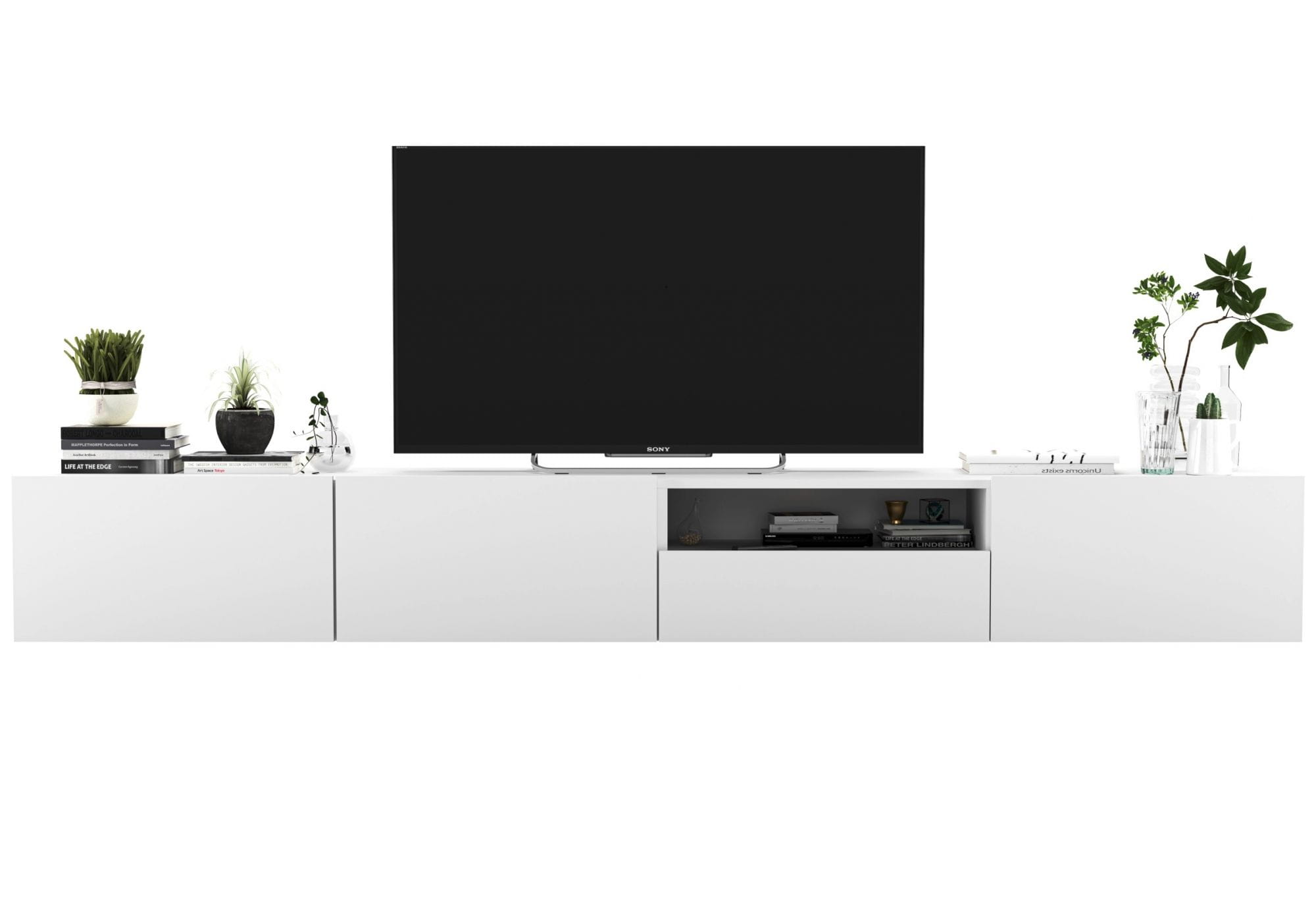 Wisząca szafka RTV, loft, industrialna, SANO, 240x35x30 cm, biel, mat | TYLETEGOTU