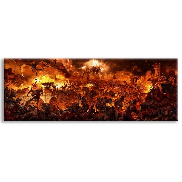 DEMONY, SMOKI I RYCERZE - Obraz na płótnie oprawiony w drewnianą ramę - Piekielna bitwa 140x50 cm