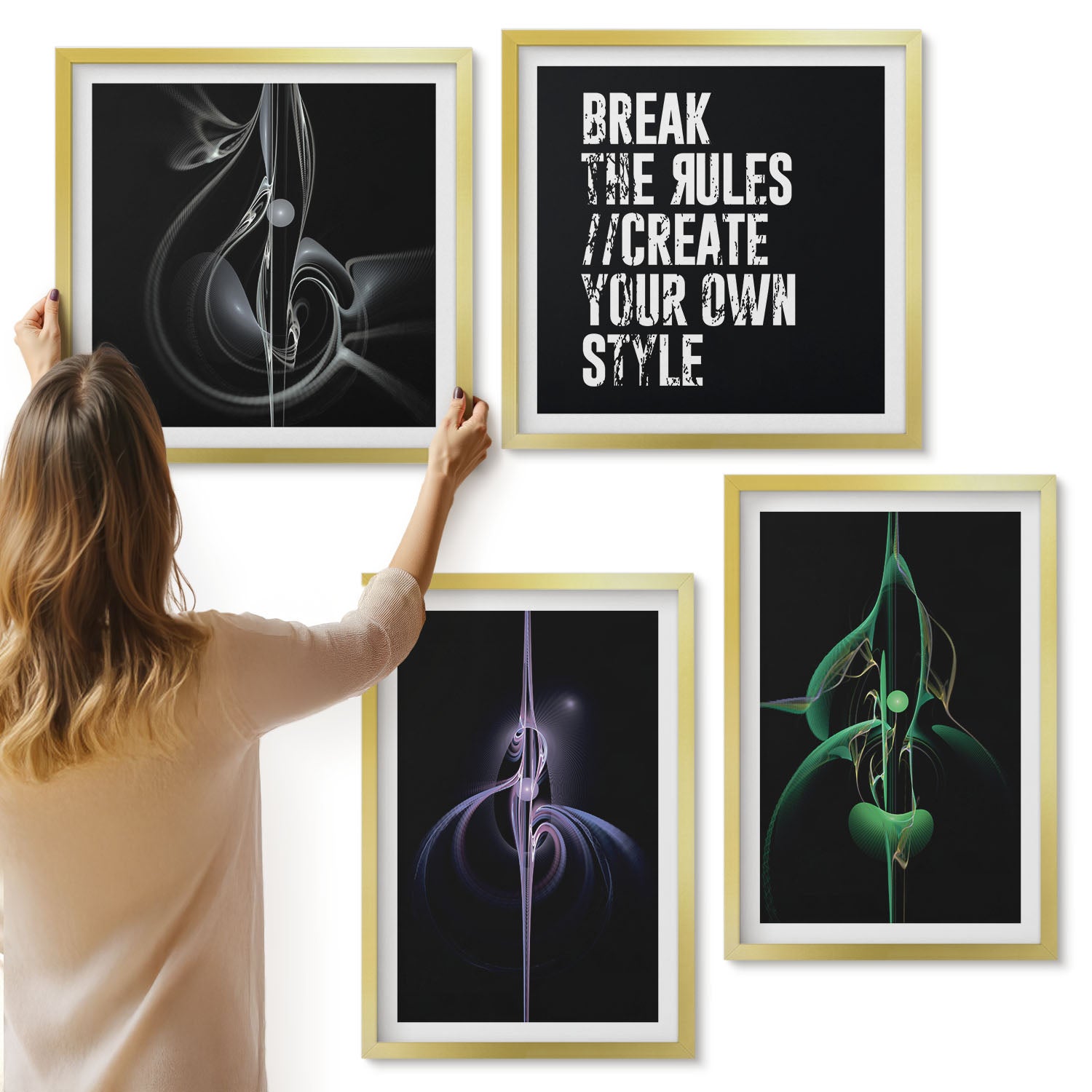 Galeria ścienna 4-częściowy komplet obrazów w złotych ramach - Abstrakcyjne wzory w czerni inskrypcja - ArtPrintCave