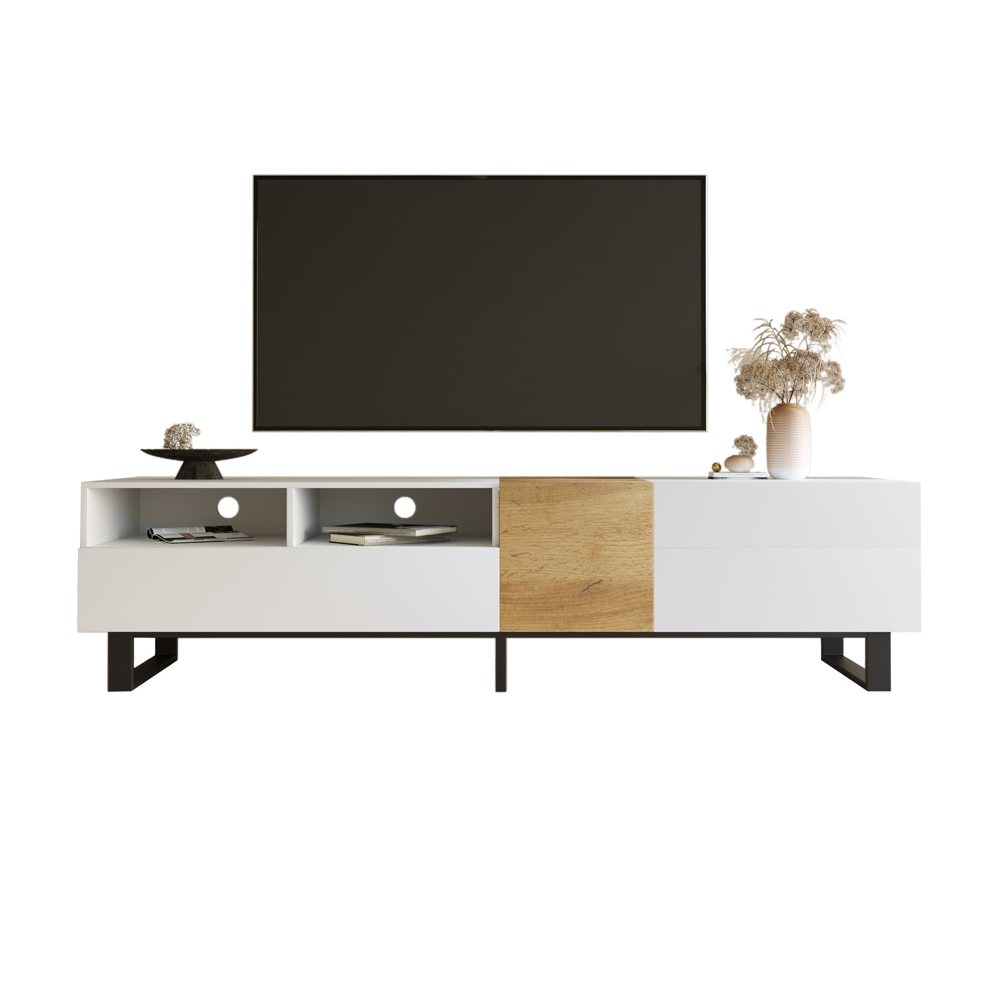 TV-Schrank Minimalistyczny - Biały i Drewno - 180x50x38 cm - MDF i Żelazo
