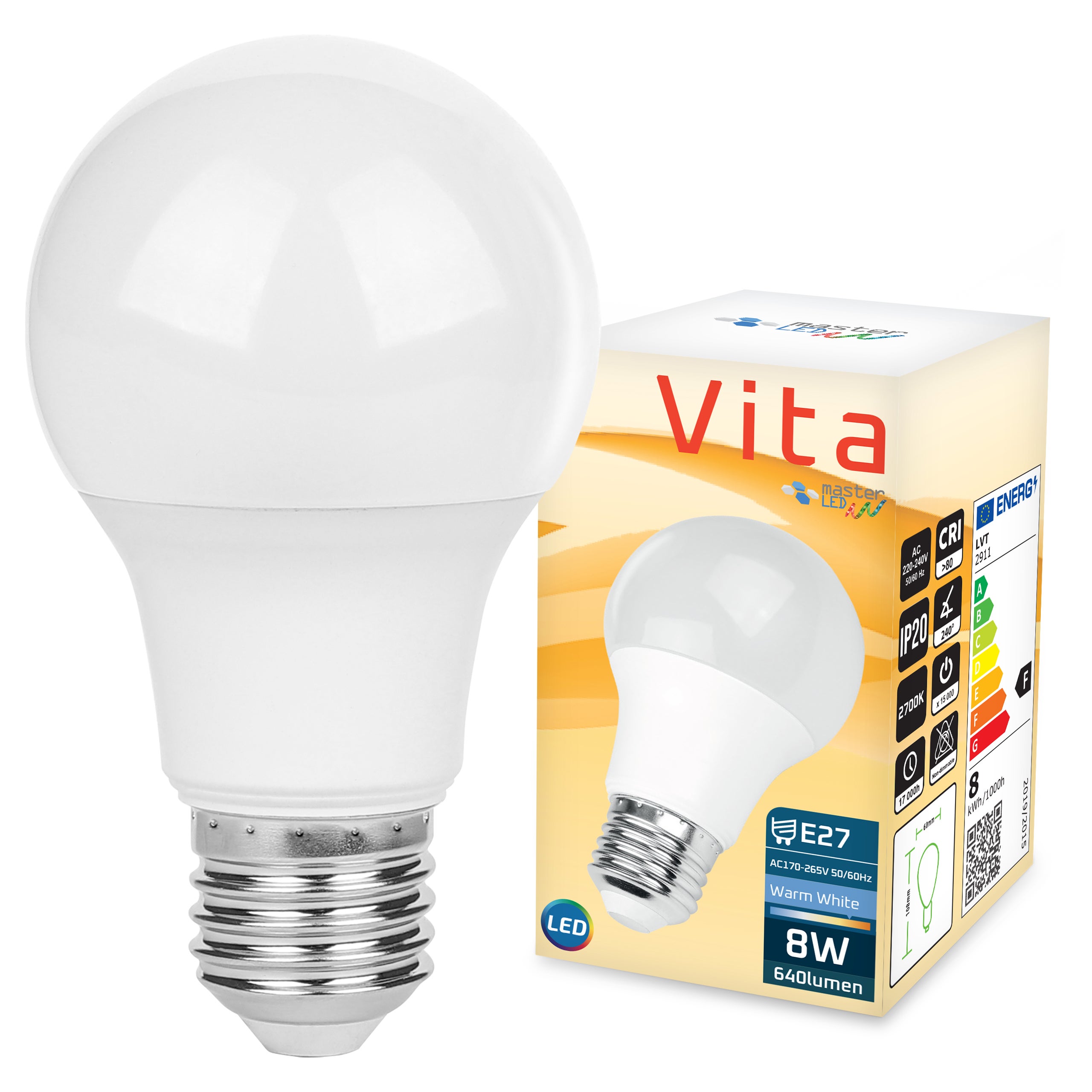 Żarówka LED E27 Vita A60 8W 2700K biały ciepły 640lm kula MasterLED