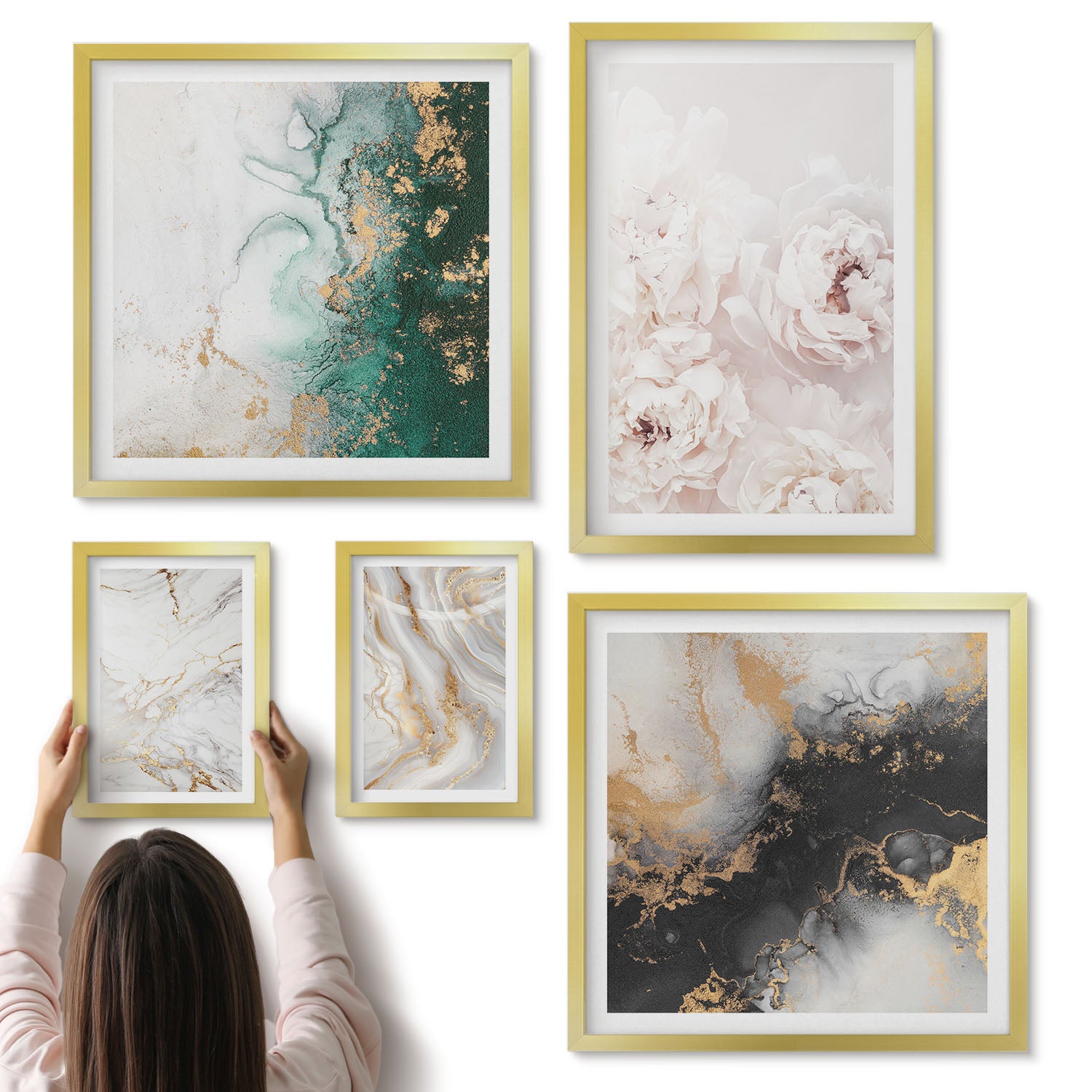 Galeria ścienna 5-częściowy komplet obrazów w złotych ramach - Kwiatowe akcenty i abstrakcyjne wzory w eleganckim stylu - ArtPrintCave