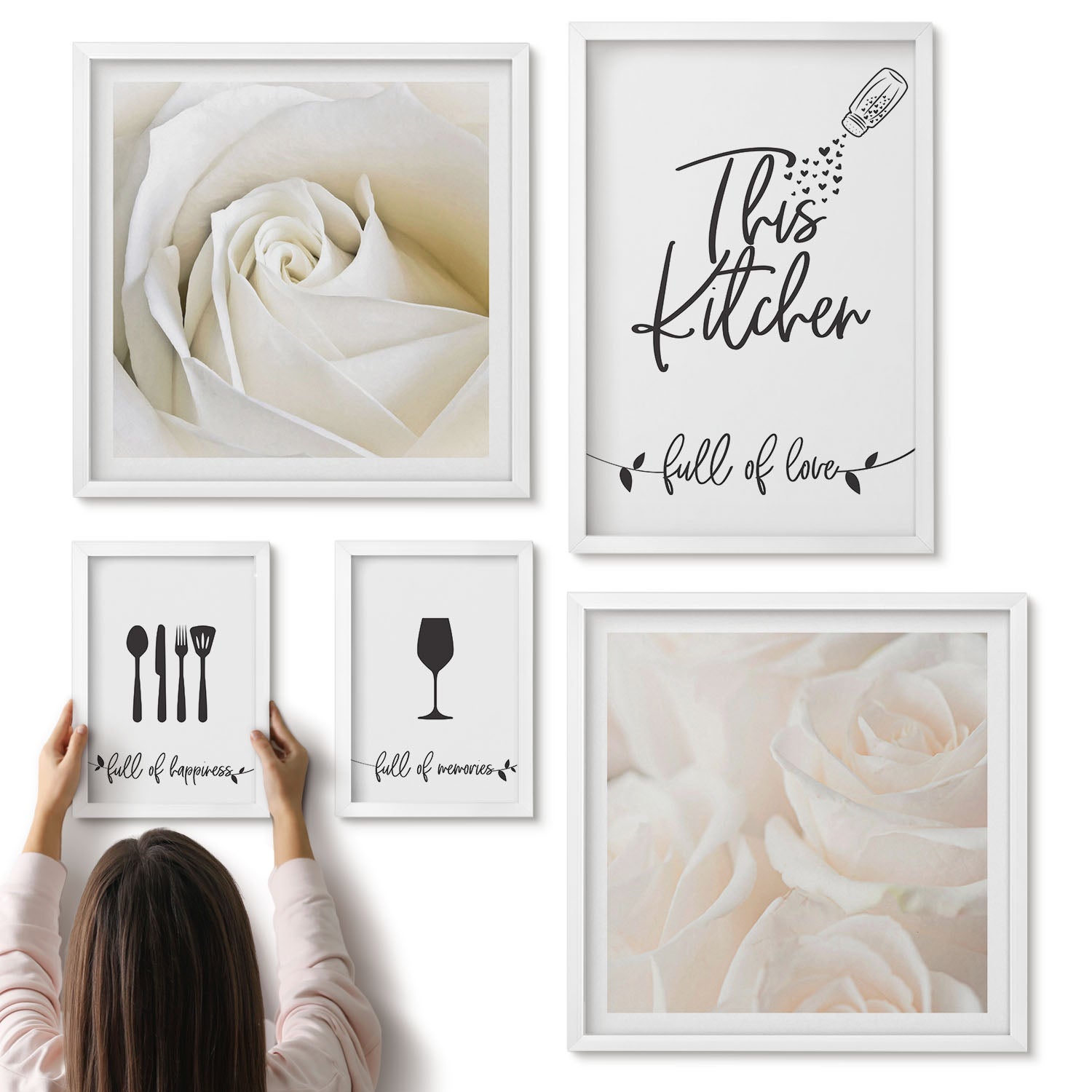 Galeria ścienna 5-częściowy komplet obrazów w białych ramach - Stylowa dekoracja kuchni z motywami roślinnymi i napisy - ArtPrintCave