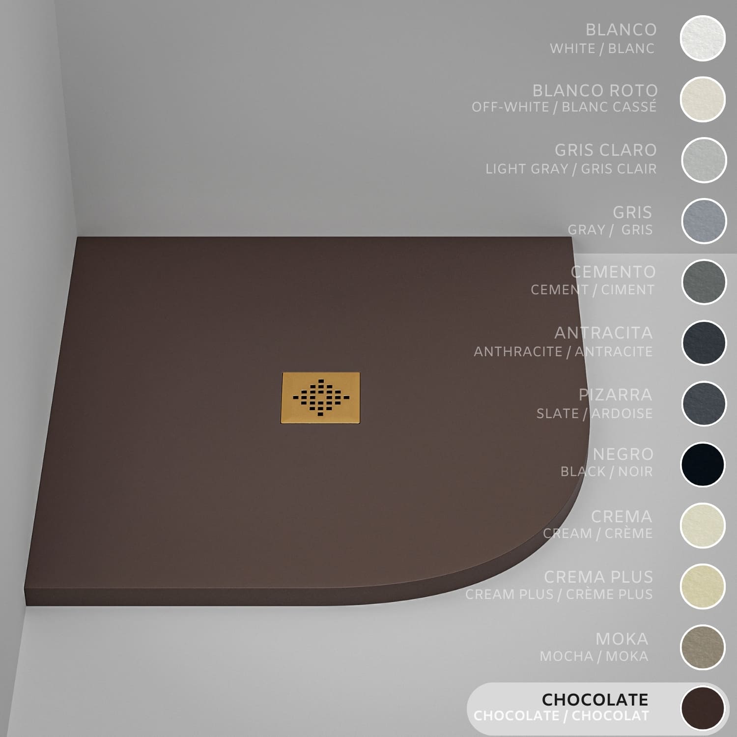 Brodzik półokrągły SOULHOME Żywica i Konglomerat Mineralny Antypoślizgowy 90x90 cm Czekoladowy - Kratka Gold
