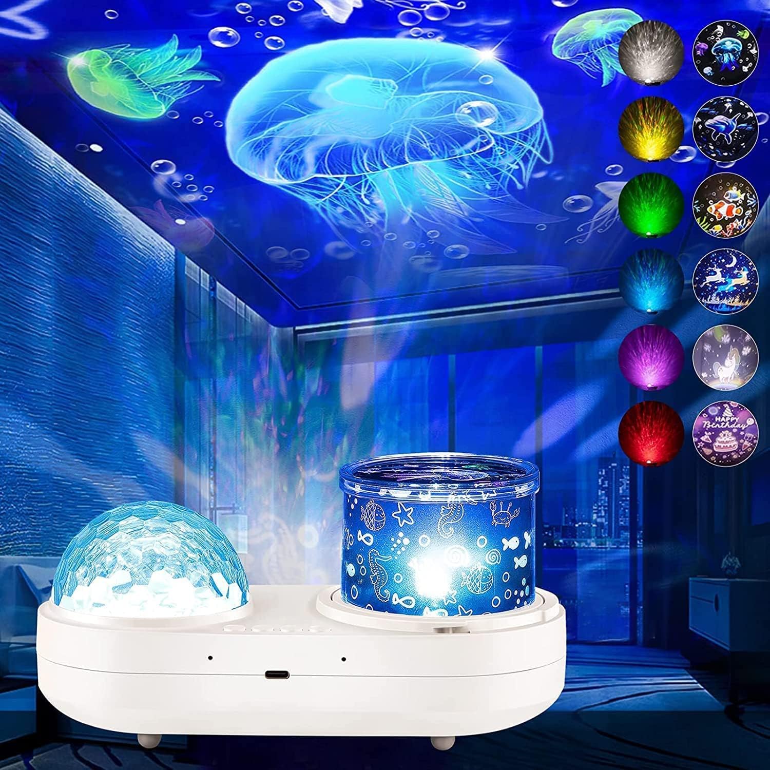 Dziecięcy projektor nocny z motywem oceanu, obrotowy projektor nocny z 360°, 6 filmami i timerem, sensoryczne światła, 6 kolorów