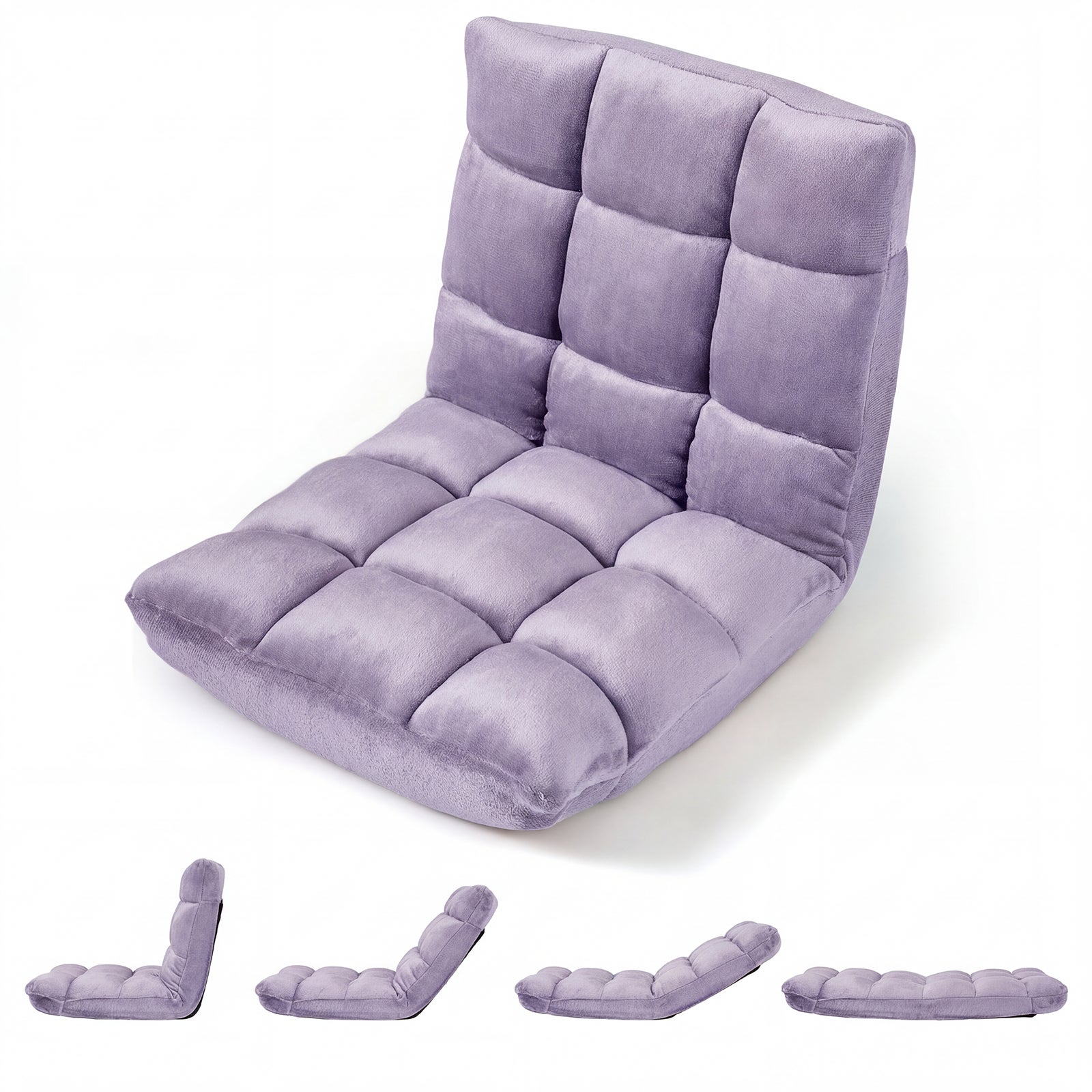 Składana podłoga flanelowa Fotel rozkładany Tatami Lazy Sofa z 14-stopniową regulacją oparcia, jasnofioletowy, 66,5 x 53 x 53 cm