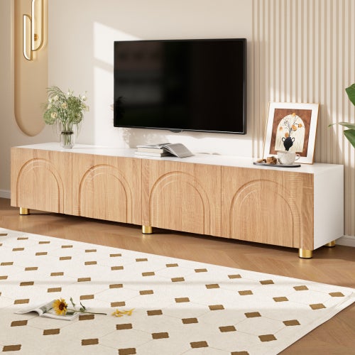 Nowoczesna szafka RTV 180x35x40 cm - 4 drzwi - Łukowy, tłoczony wzór - Nogi metalowe - Płyta MDF + płyta wiórowa - Naturalna