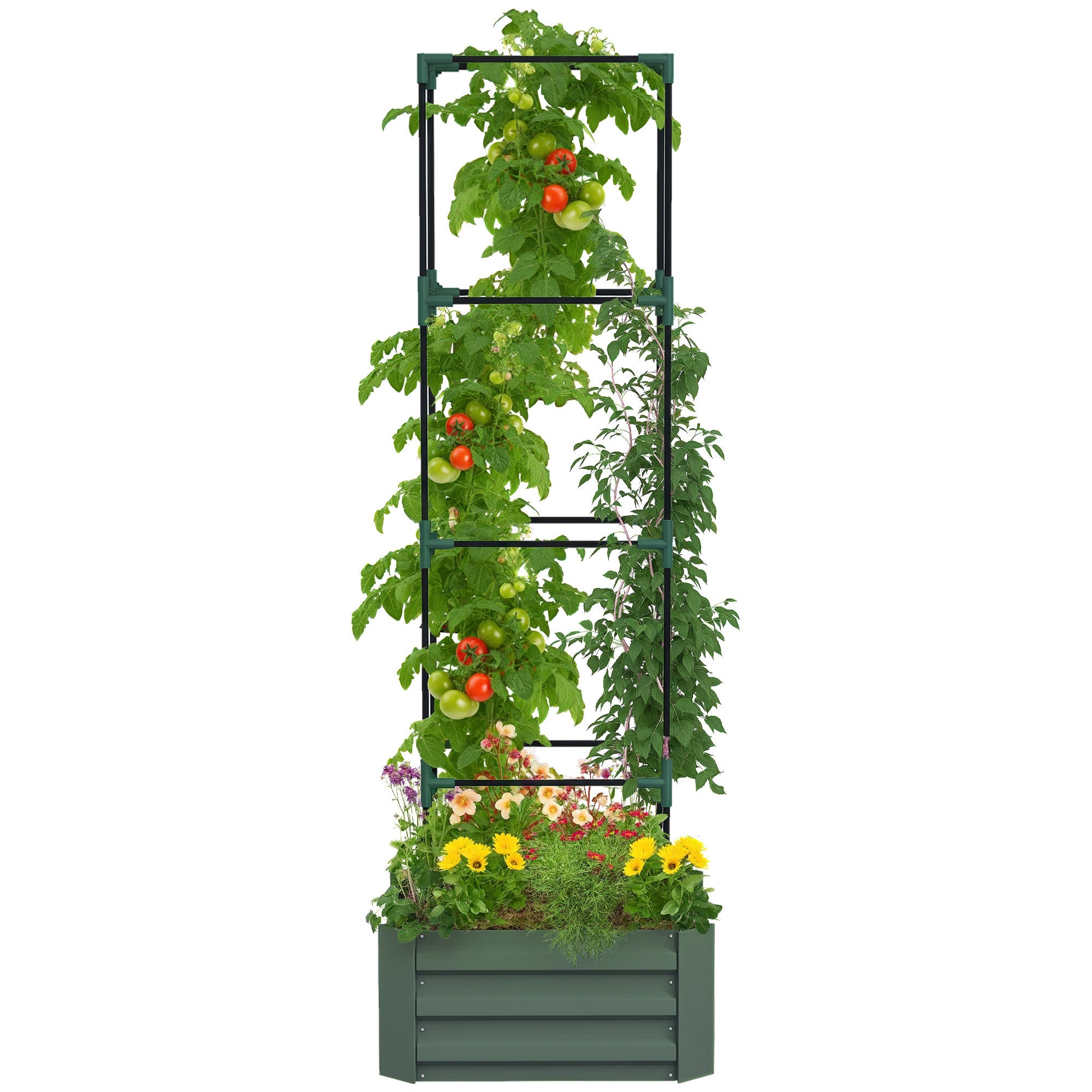 Donica z regulowany kratka, ocynkowany stal skrzynka na kwiaty z tomato cage, 61 x 61 x 187 cm, zielony