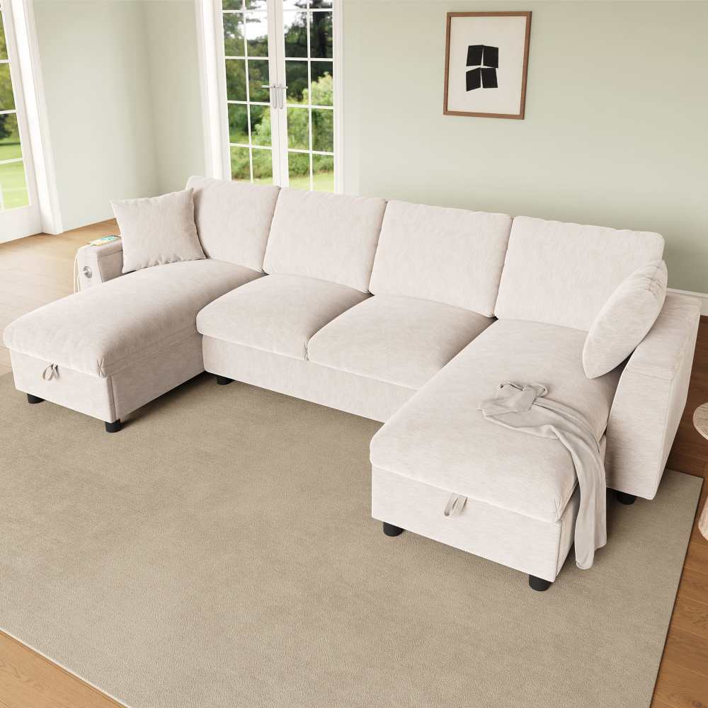 Nowoczesna sofa w kształcie litery U z szezlongiem, schowkiem, portami USB i typu C do wygodnego salonu