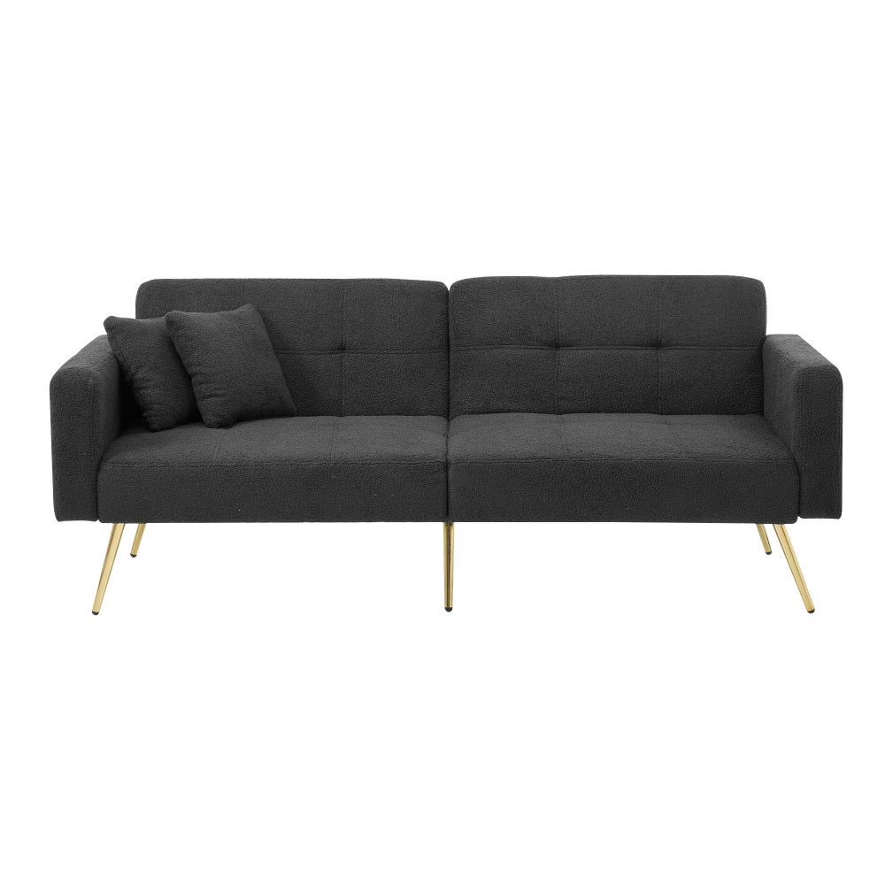 Sofa z funkcją spania, regulowanym kątem nachylenia, złotymi nogami, poduszkami i bocznymi kieszeniami do przechowywania.