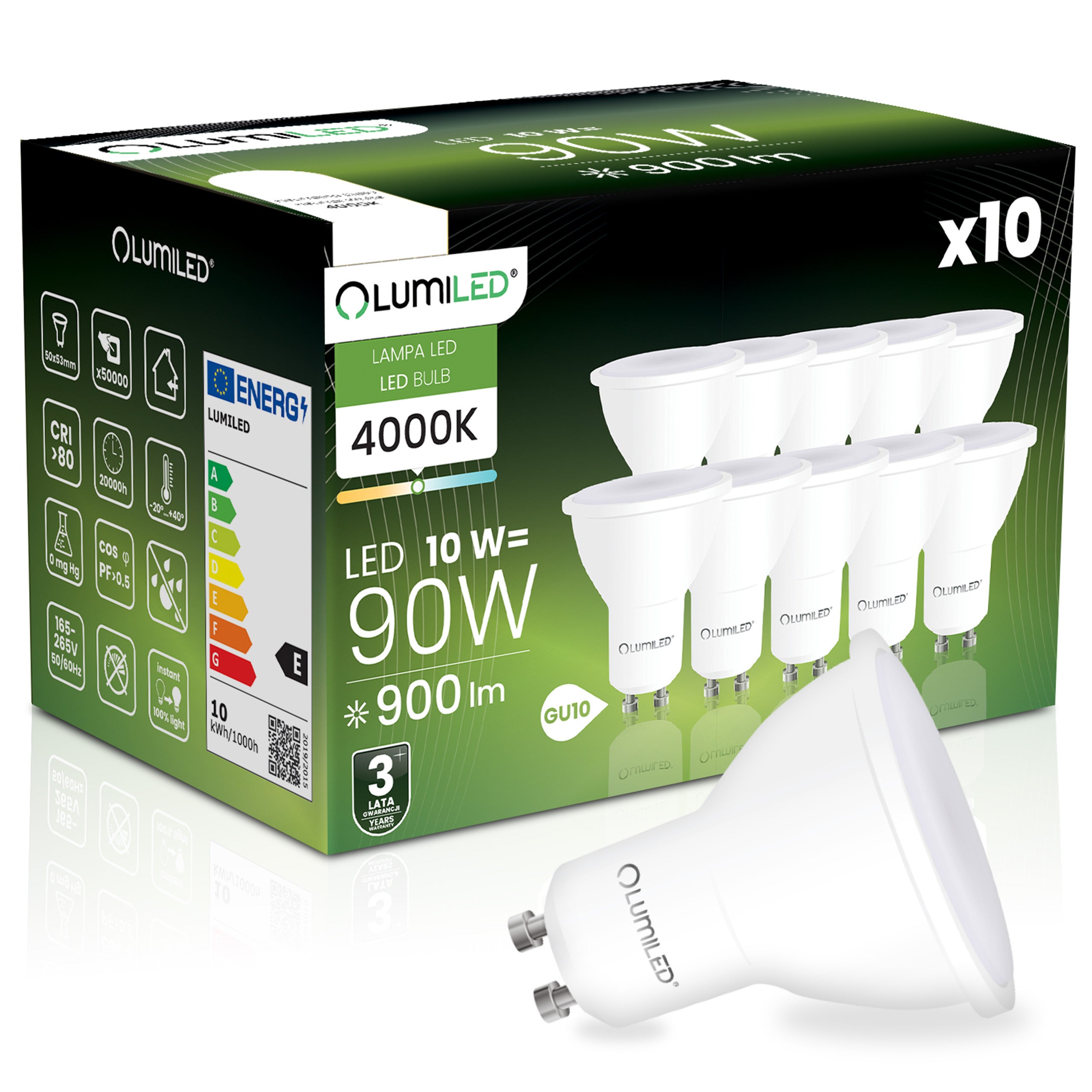 Żarówka LED Lumiled GU10 Reflektor PAR16 10 W 900 lm 4000K Neutralna biel 120st 10 szt.