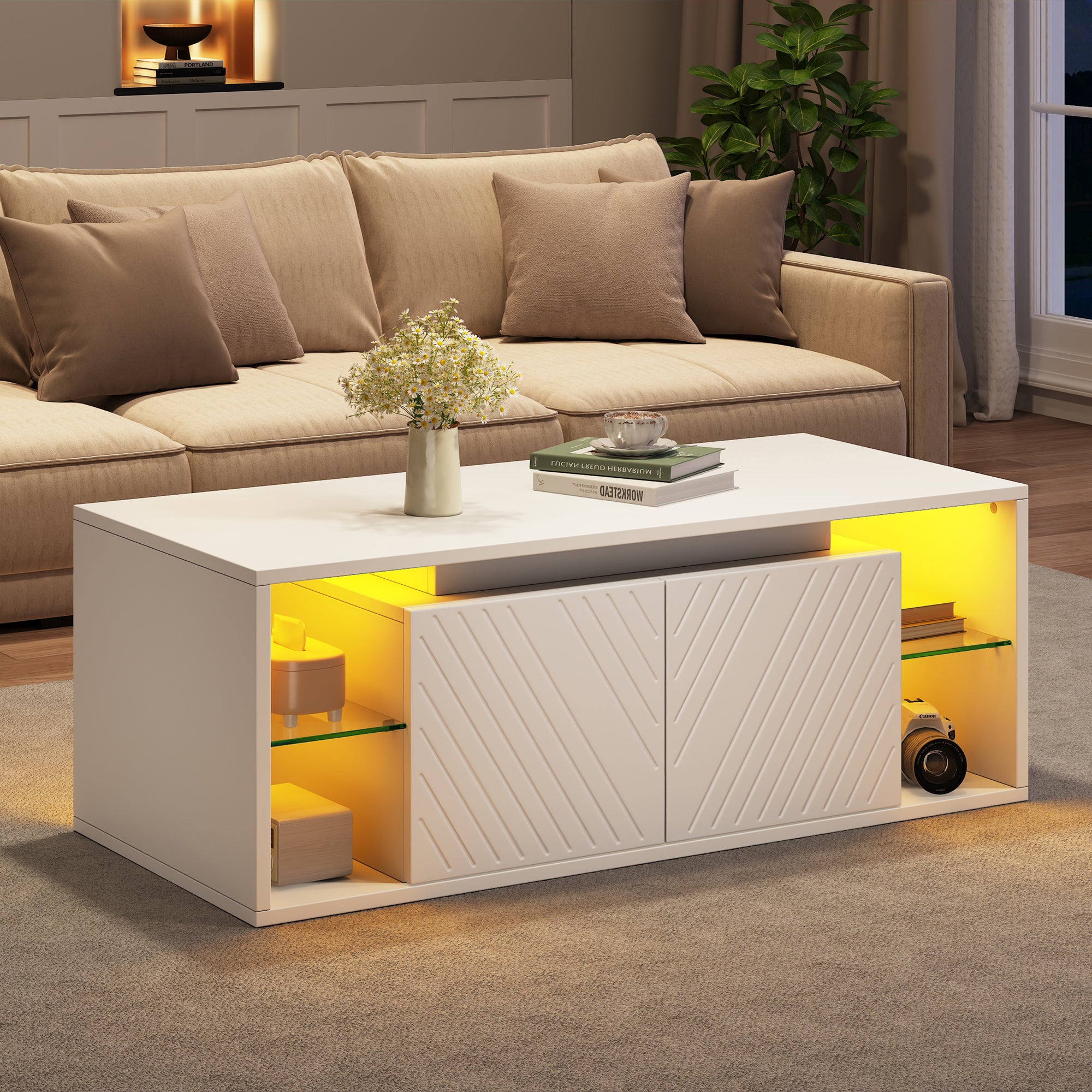 Stolik kawowy z 2 drzwiczkami, częściowo otwartą półką i oświetleniem LED – płyta wiórowa – 100 x 50 x 41 cm – biały