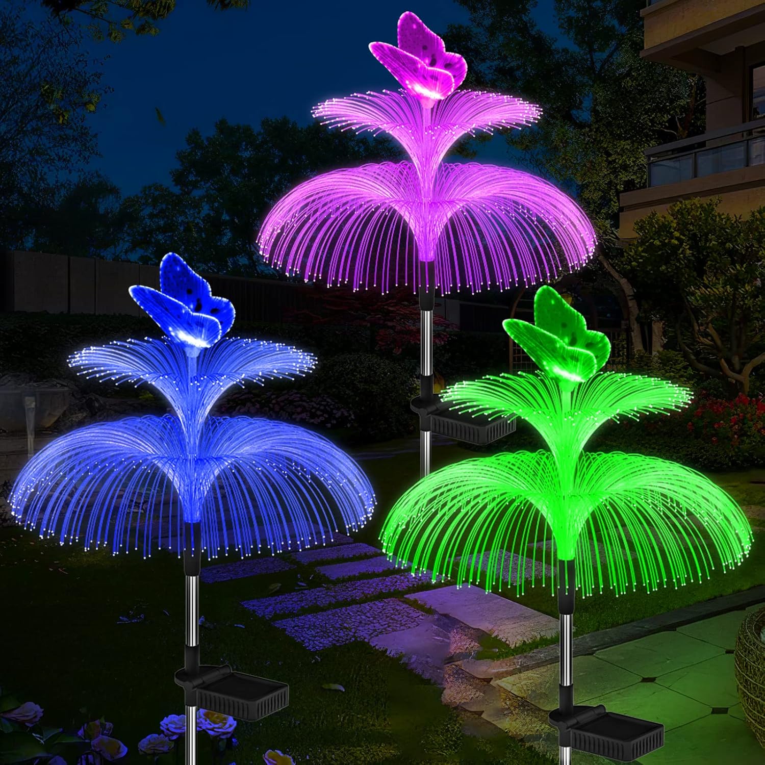 Zestaw 3 zewnętrznych lamp solarnych z 7 zmieniającymi się kolorami – Podwójna meduza i motyl – Do ogrodu, na patio, do ogrodu, na basen, do fontanny,