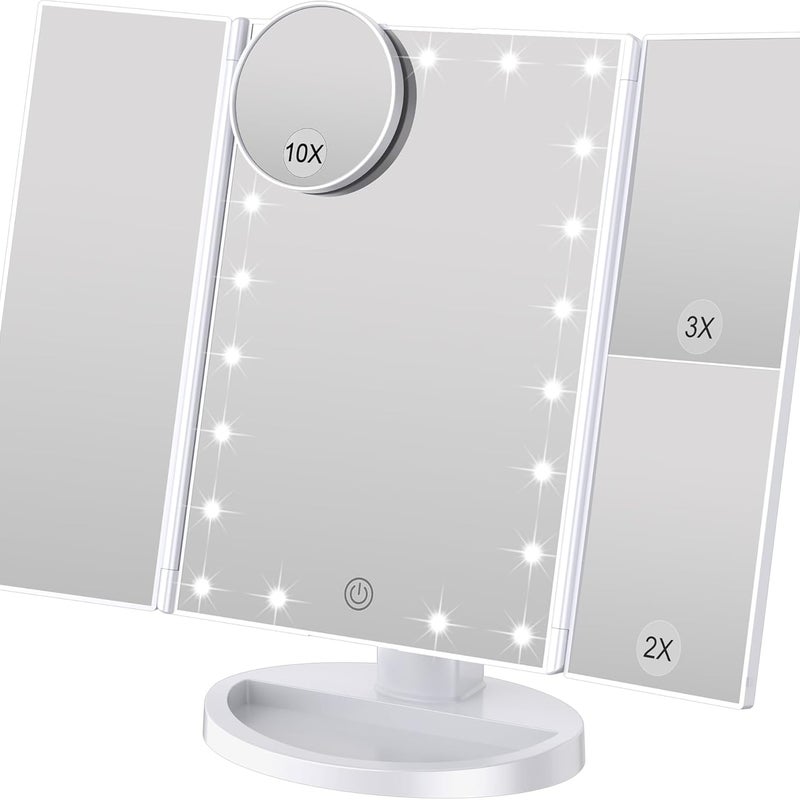 Lustro do makijażu, regulowana jasność, 22 diody LED, powiększenie 1X/2X/3X, podwójne zasilanie (białe)