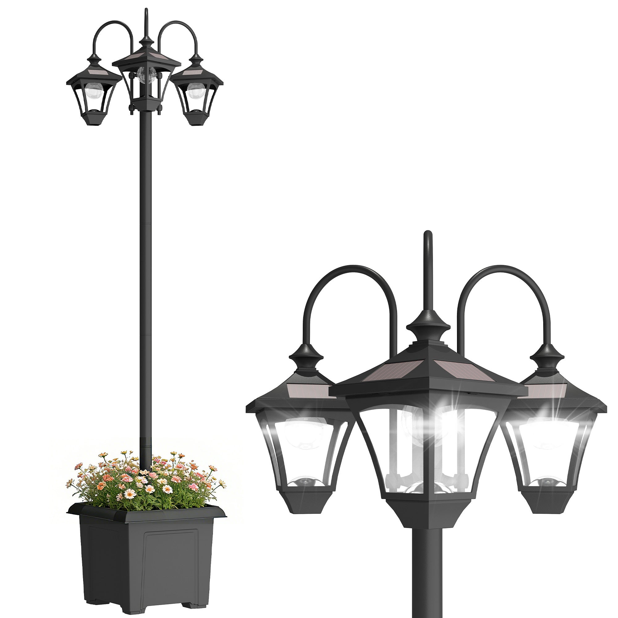 Lampa ogrodowa podłogowa z 3 głowicami i doniczką, automatyczny czujnik zmierzchu i świtu, 52 x 52 x 185 cm, czarna