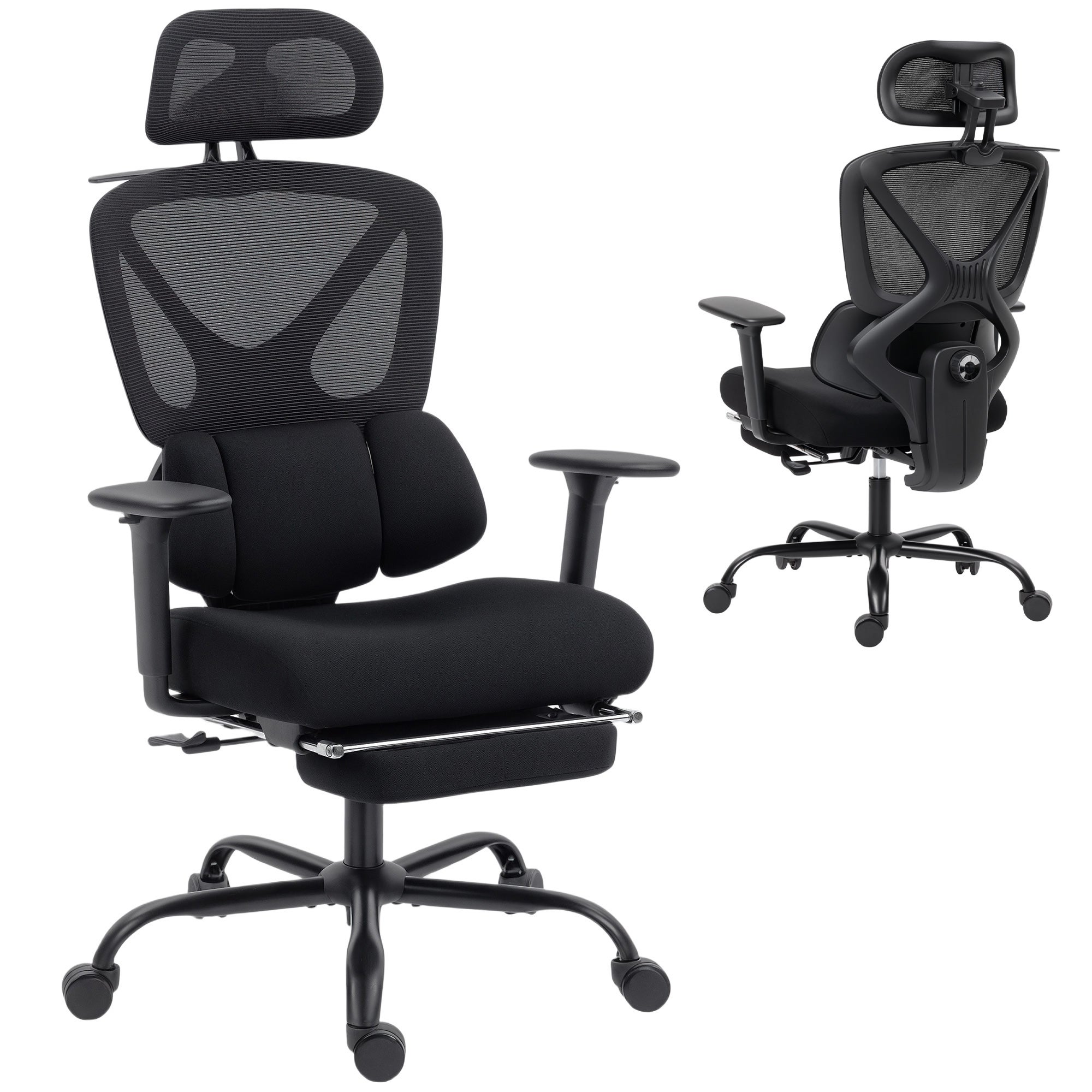 Ergonomiczny fotel biurowy, krzesło do biurka z adaptacyjnym, dynamicznym podparciem lędźwiowym, 73x75x120-128 cm, czarny