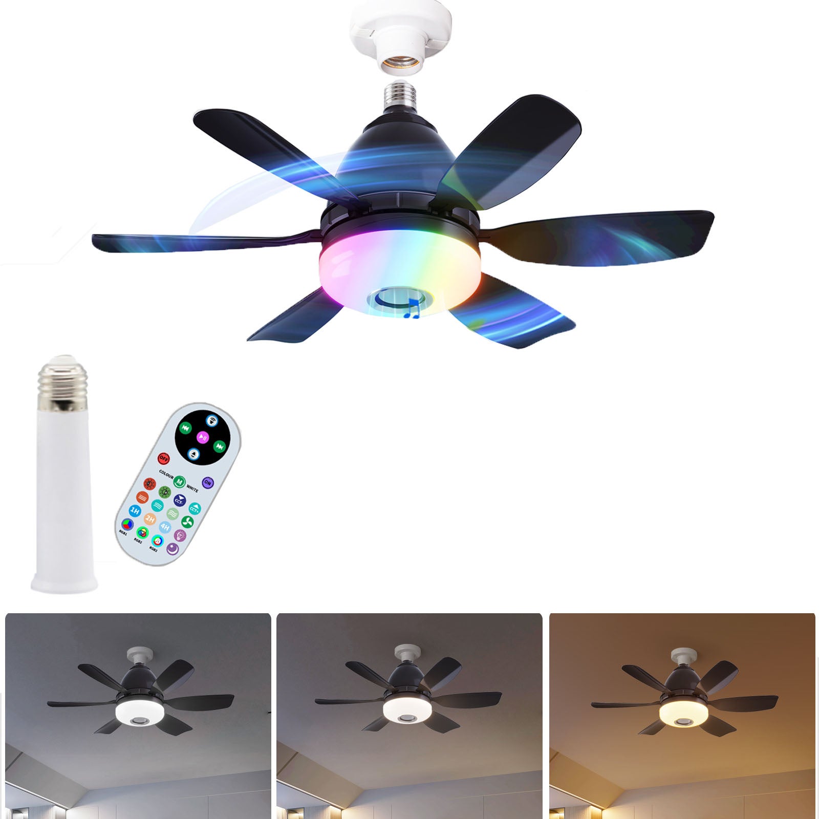 Wentylator sufitowy RGB z prętem przedłużającym, regulacja prędkości, minutnik, oświetlenie LED do salonu, trójkolorowa zmiana światła