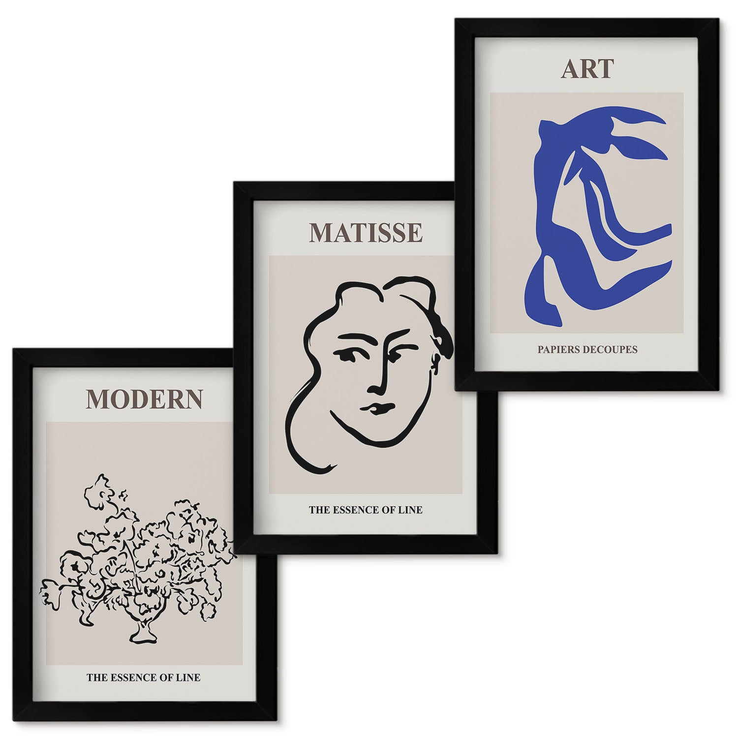 Zestaw obrazów w ramie - 3 części | Abstrakcyjne postery w minimalistycznym stylu Henri Matisse | Czarna ramka