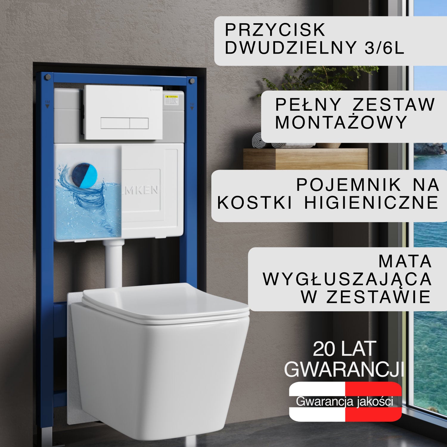 Stelaż podtynkowy WC Helmken 35120001 Zestaw 6w1: Biały przycisk (HD), Miska bezkołnierzowa Rimless, Deska wolnoopadająca, Pojemnik na kostki, Mata