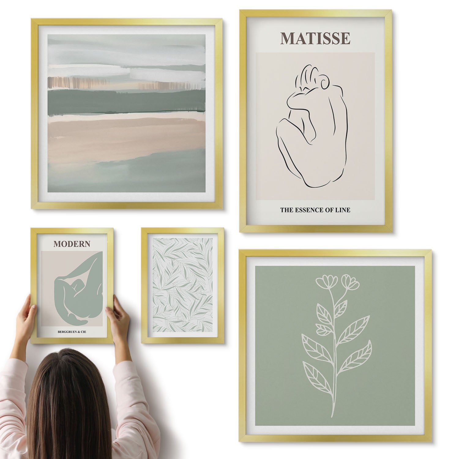 Galeria ścienna 5-częściowy komplet obrazów w złotych ramach - Stylowe minimalistyczne grafiki z motywami roślinnymi i linii - ArtPrintCave