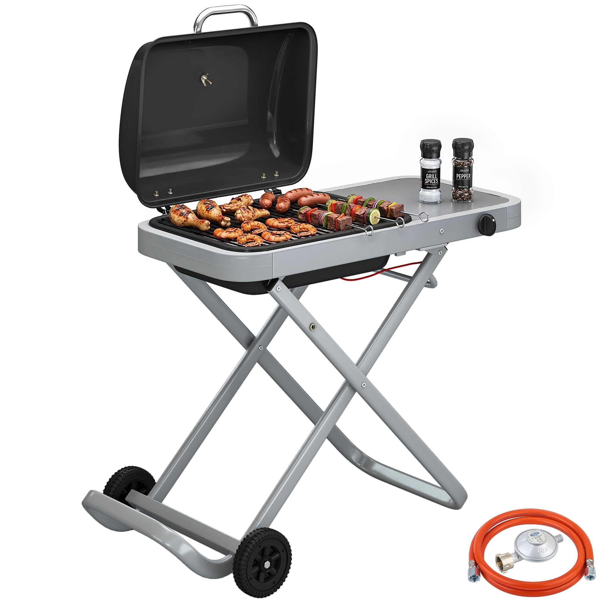 Przenośny grill gazowy, 1 palnik, 2,5 kW, składany wózek, ruszt do grillowania, półka boczna, pokrywa, termometr