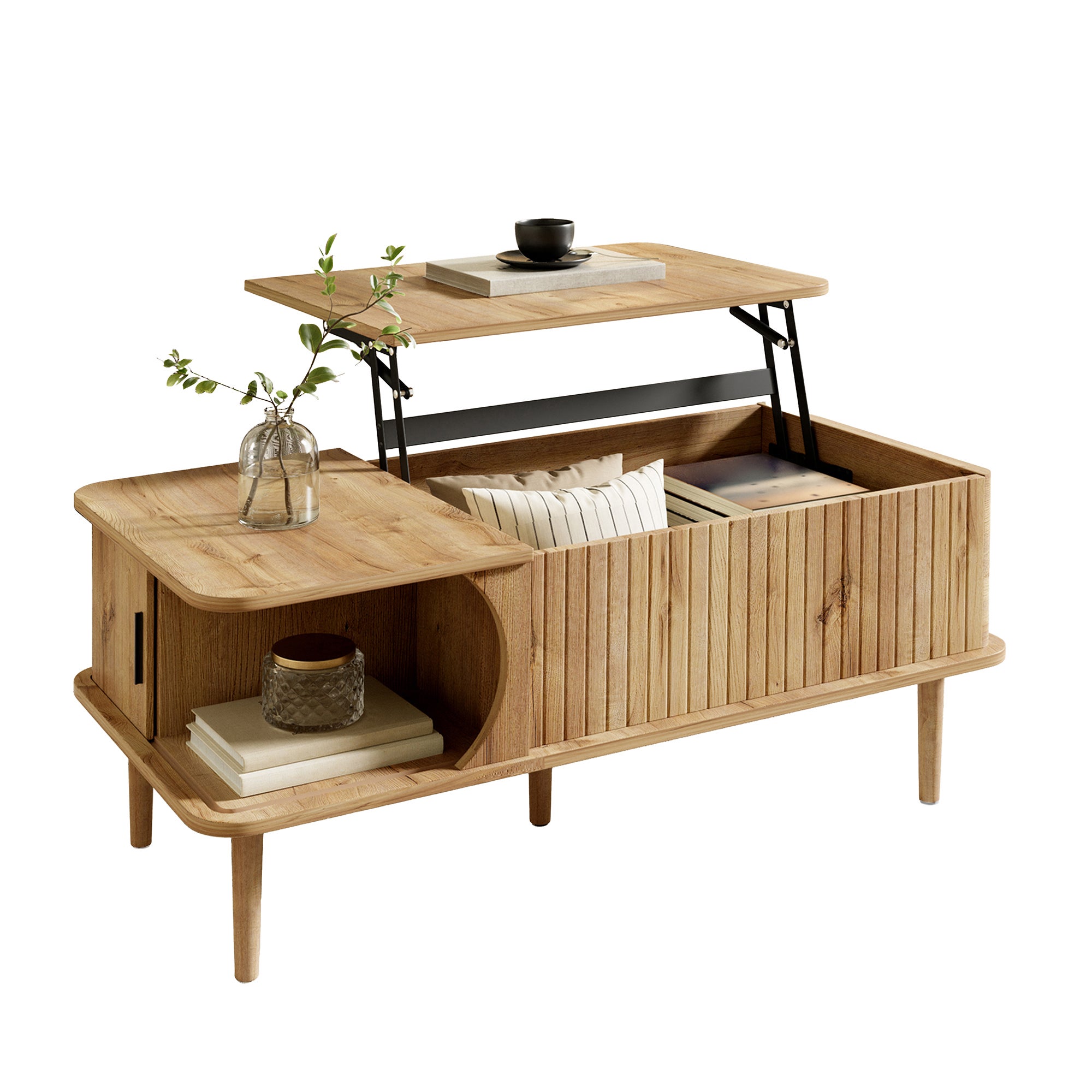 Stolik kawowy z podnoszonym blatem i 1 ryflowanymi drzwiami przesuwnymi – MDF i lite drewno – 100 x 48 x 55,5 cm – Naturalne drewno