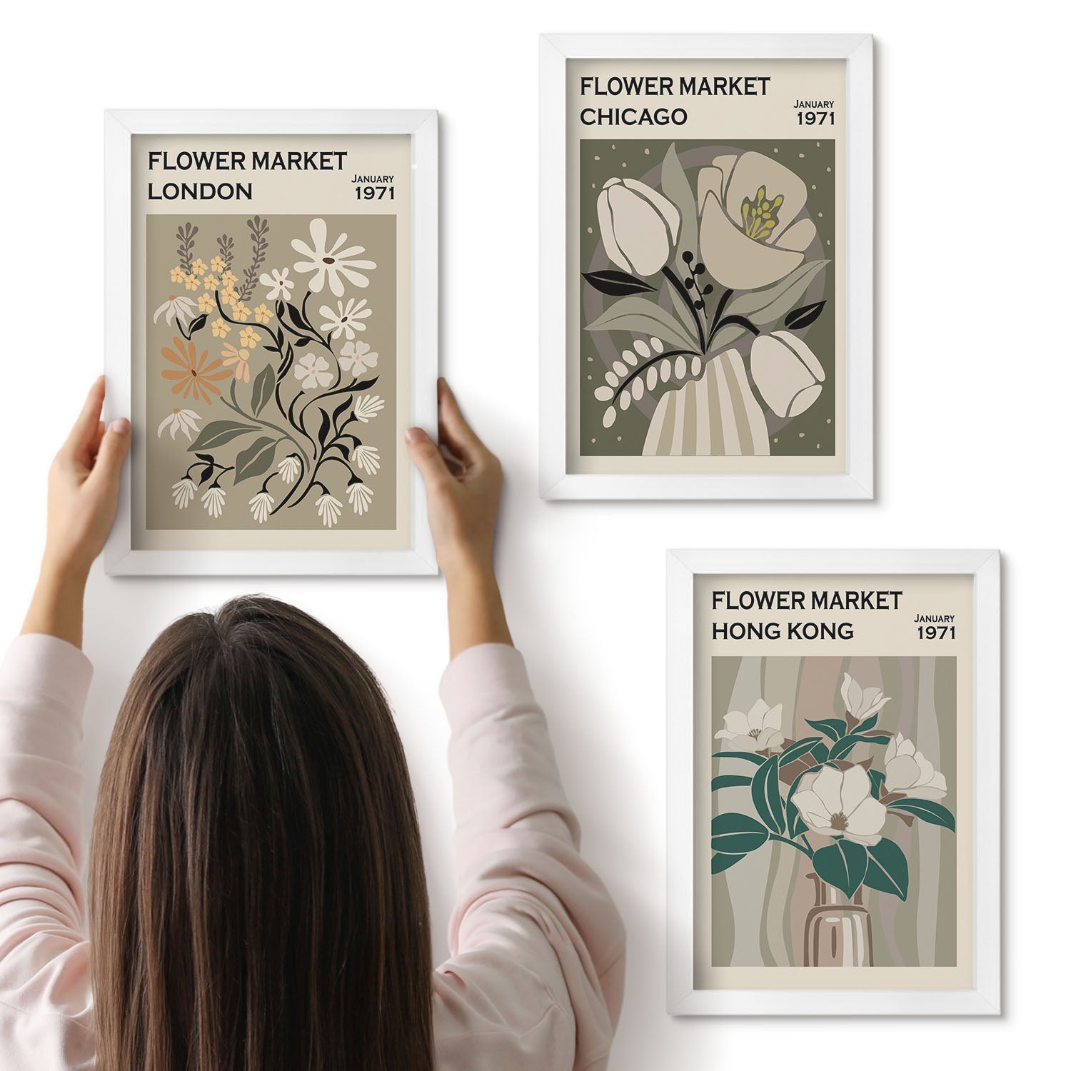 Galeria ścienna 3-częściowy komplet obrazów w białych ramach - Kwiatowe targi w Londynie Chicago i Hongkongu - ArtPrintCave