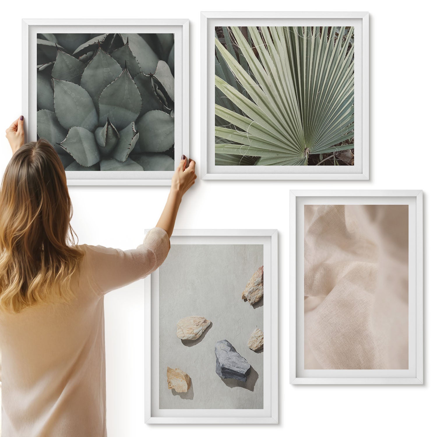 Galeria ścienna 4-częściowy komplet obrazów w białych ramach - Kamienie drewno tkanina różne tekstury - ArtPrintCave