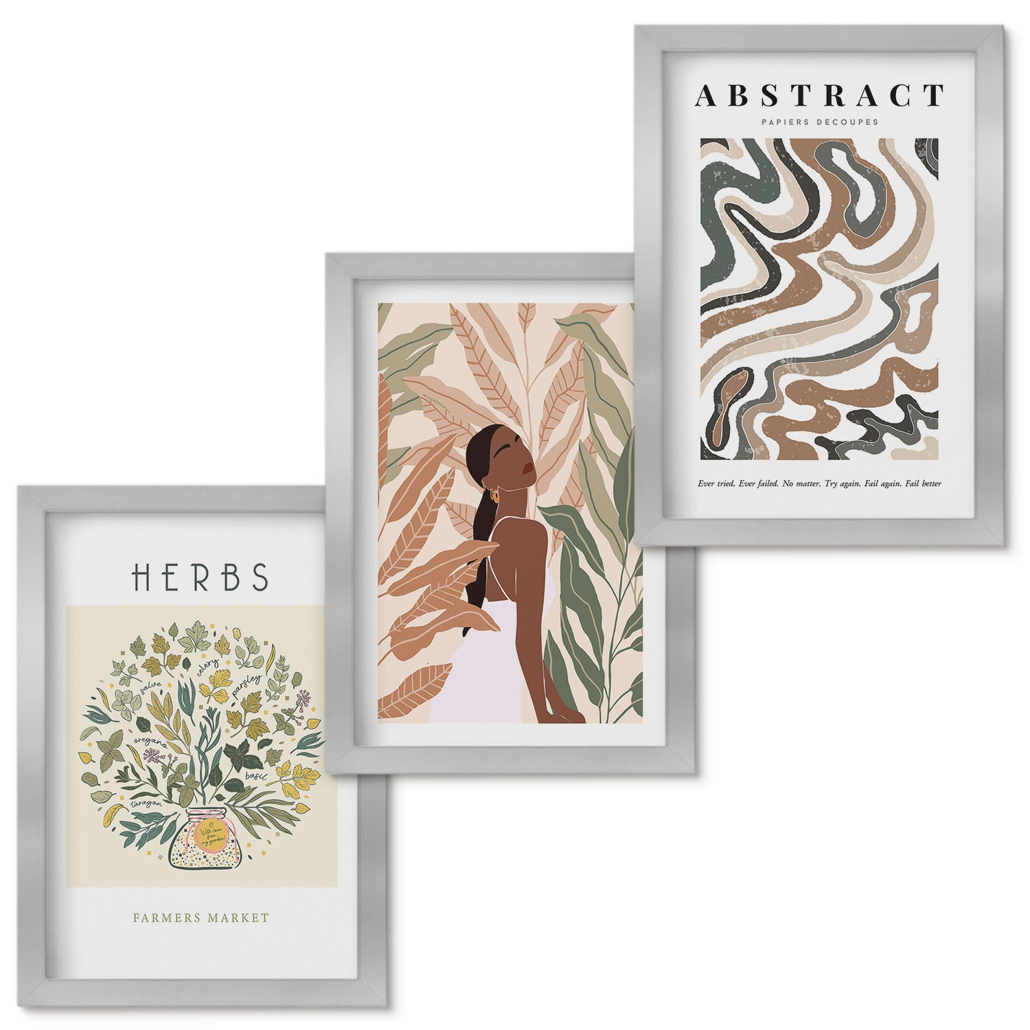 Zestaw obrazów w ramie - 3 części | Estetyka boho pastelowe minimalistyczne postery | Srebrna ramka