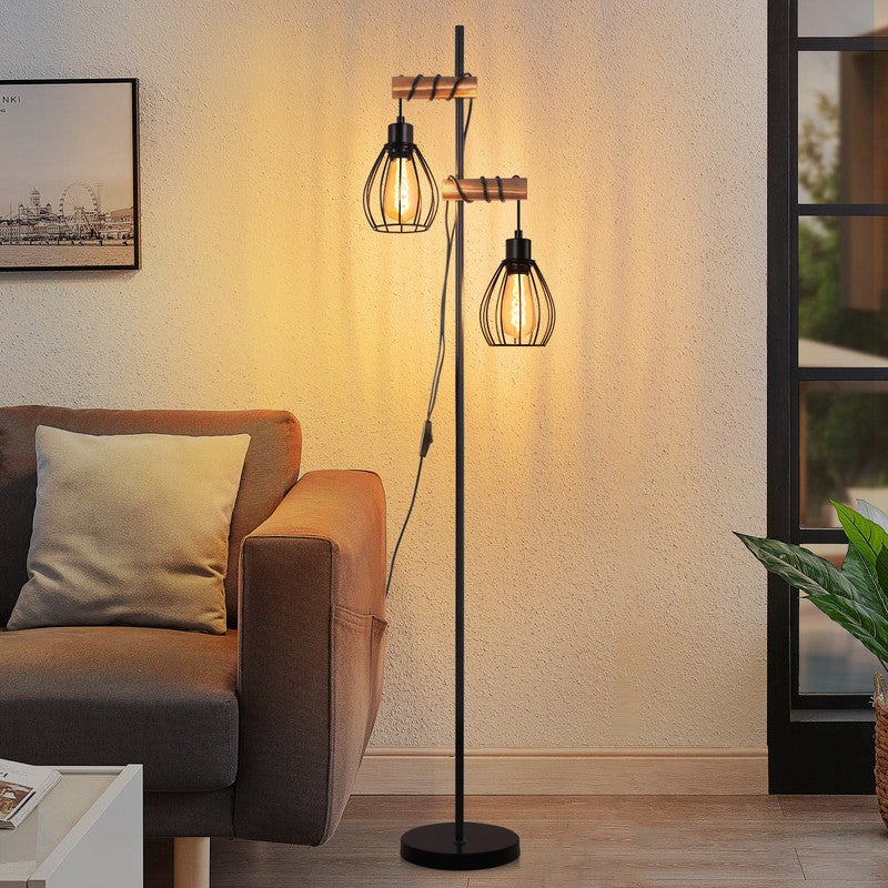 NETTLIFE Lampa Podłogowa Industrialna 2x E27 -152cm, Metal i Drewno, Czarna Klatka (Bez Żarówki)
