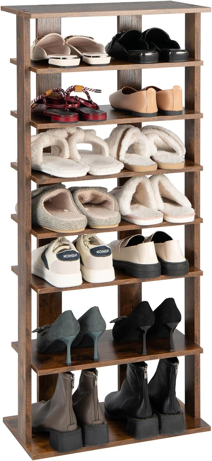 8-poziomowy regał na buty, wąski, drewniana szafka na buty z regulacją wysokości, stojak na buty, pionowy, przedpokoju (brązowy, podwójny)