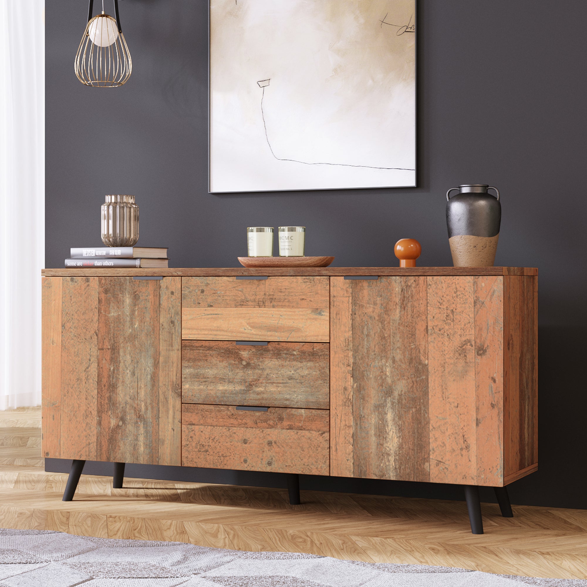 Komoda vintage brązowa 140 cm, szafka z płyty wiórowej z 3 szufladami i 2 drzwiami, regulowane półki do salonu i jadalni