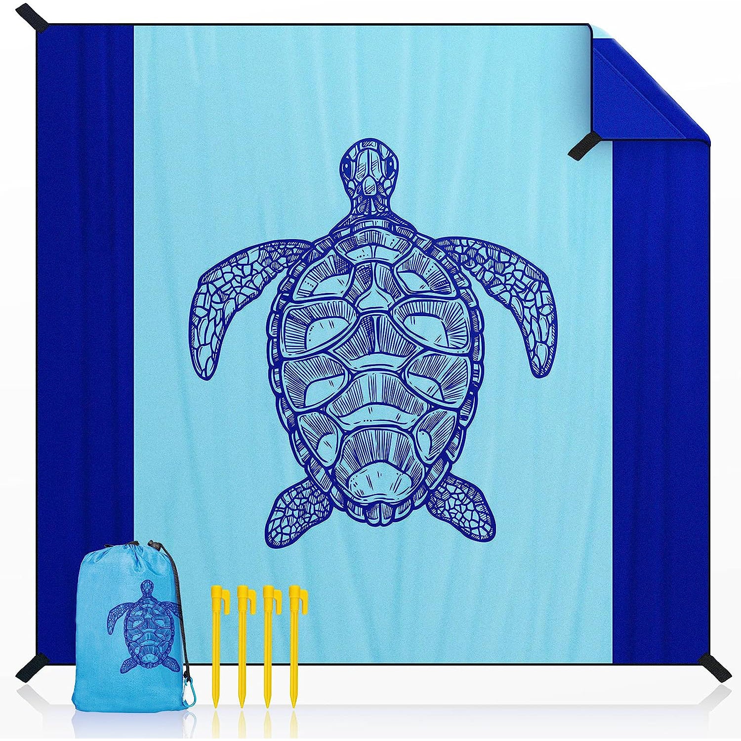 Wodoodporny koc piknikowy Turtle Collection 210 x 200 cm, mata plażowa na kemping z 4 szpilkami, przenośna ochrona przed piaskiem na kemping i wędrówk