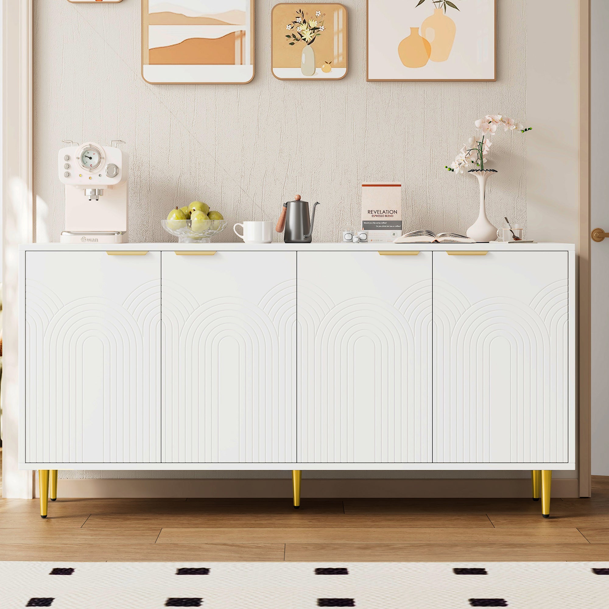 Komoda niska z 4 drzwiami - 160 x 80 x 40 cm - Płyta wiórowa + MDF - Złote uchwyty i nogi - Kolor biały