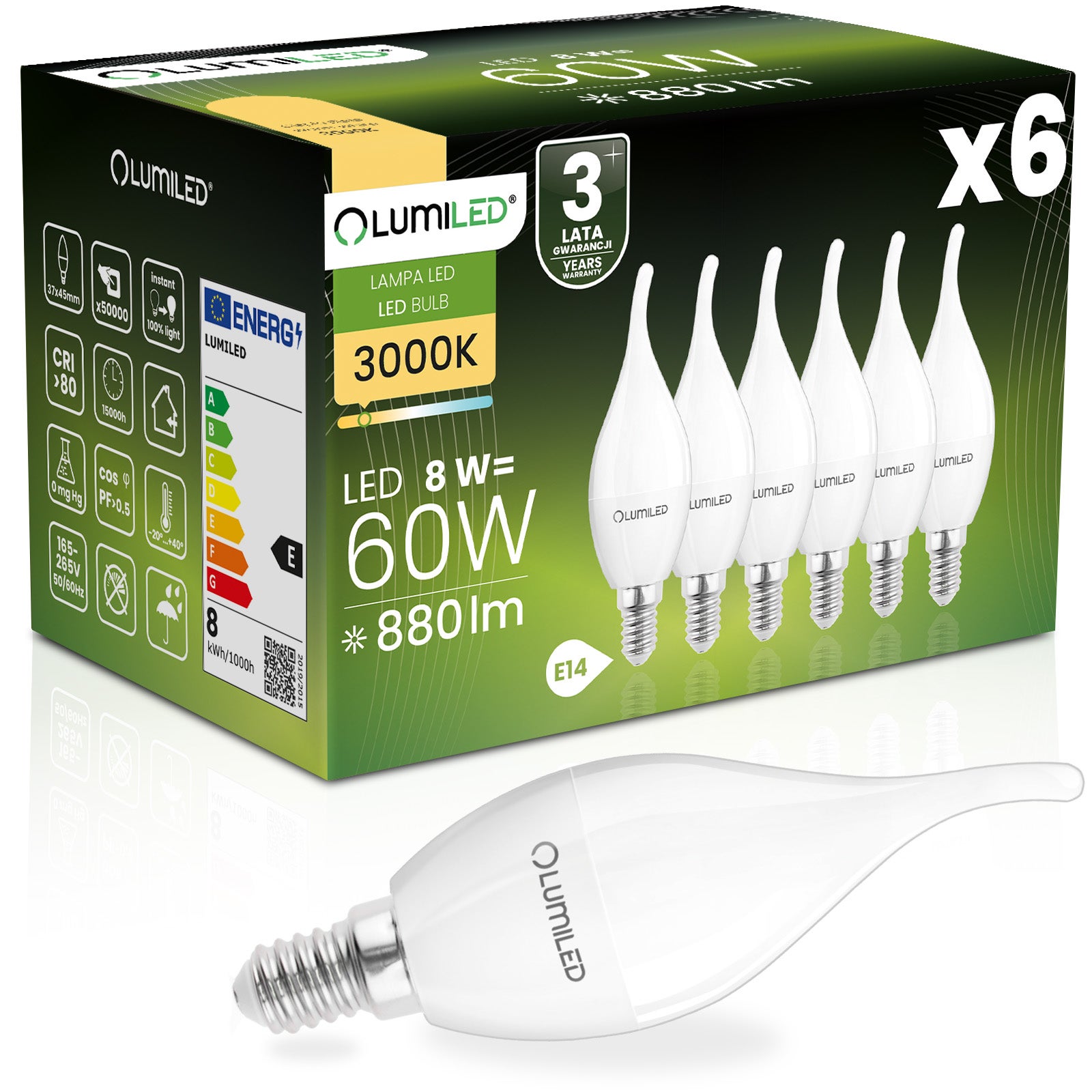 Żarówka LED Lumiled E14 BA35 8W 806lm 3000K Ciepła biel 180st 6 szt.