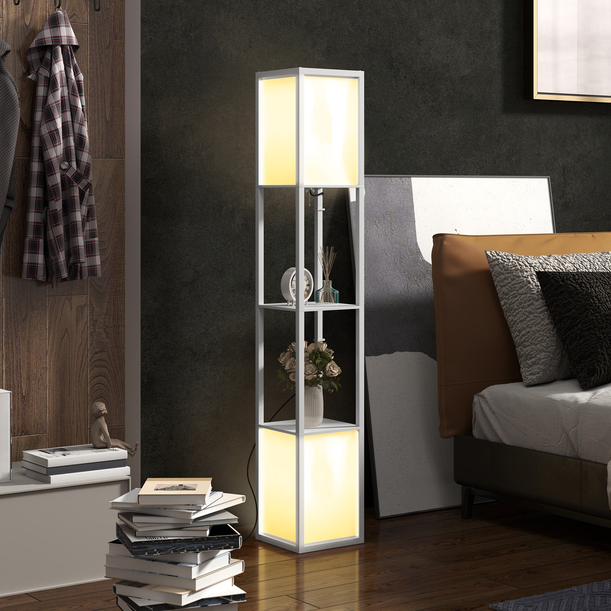 Nowoczesna lampa podłogowa z 2 kloszami i 2 półkami na żarówki E27 maks. 40 W, 26 x 26 x 156 cm, biała