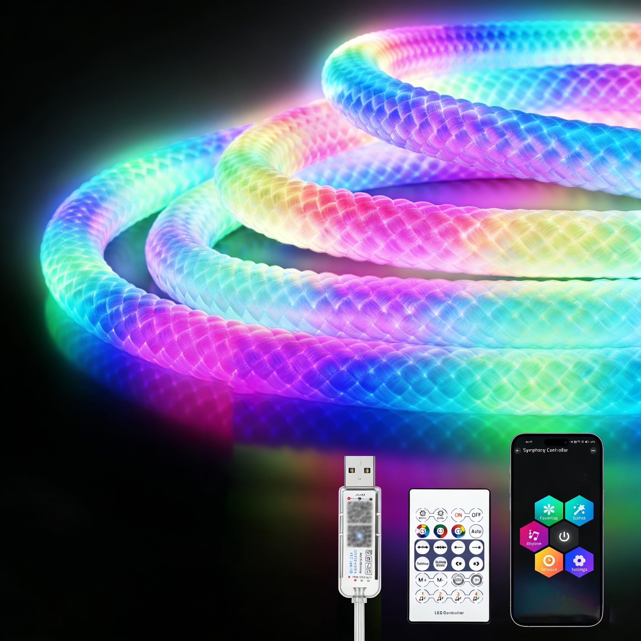 Okrągła taśma LED neonowa 360° RGB IC 5m 5V USB, IP67, timer, muzyka, pilot i aplikacja