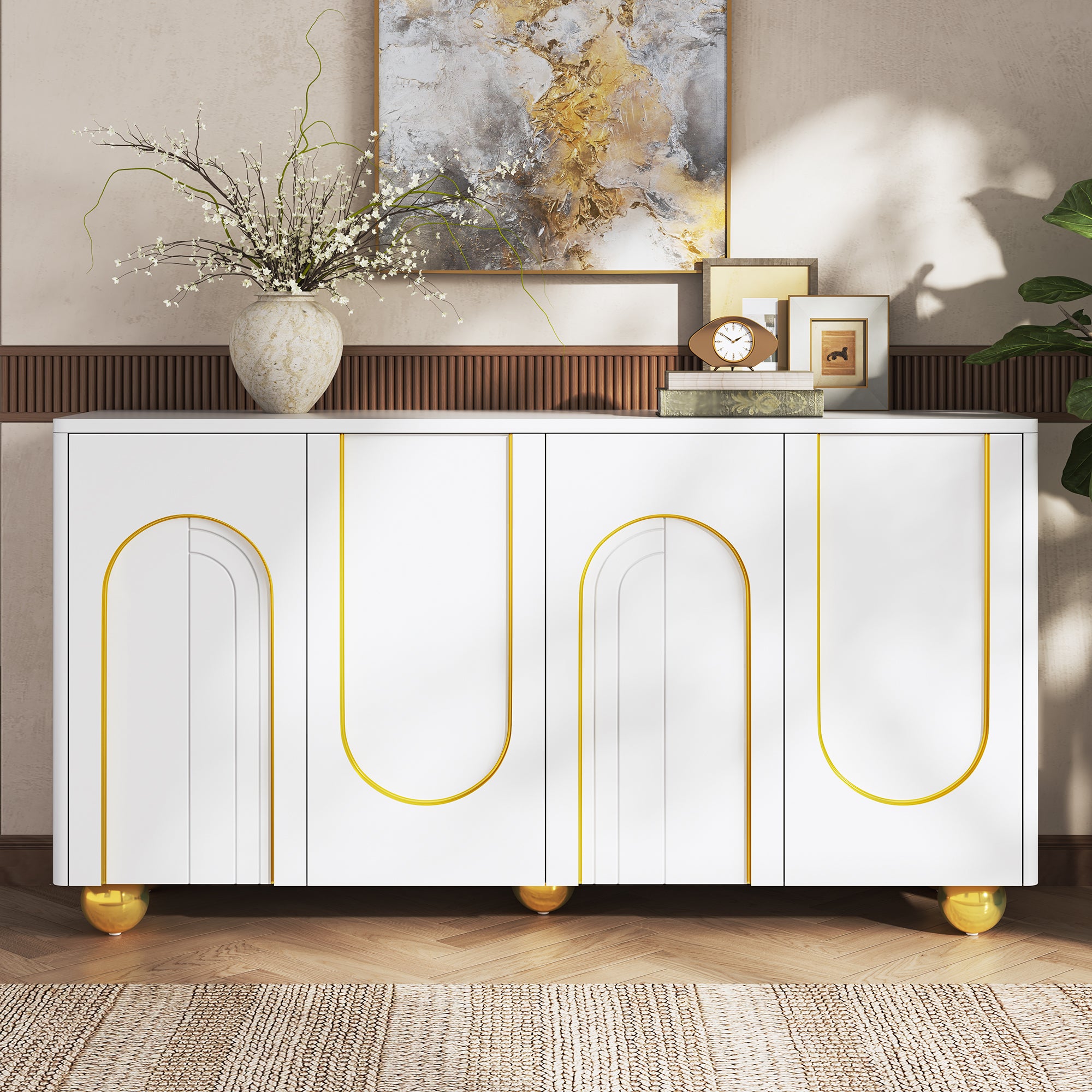 Komoda czterodrzwiowa z motywem złotego łuku i półkami wewnętrznymi - Płyta wiórowa i MDF - 140 × 40 × 74 cm - Biała