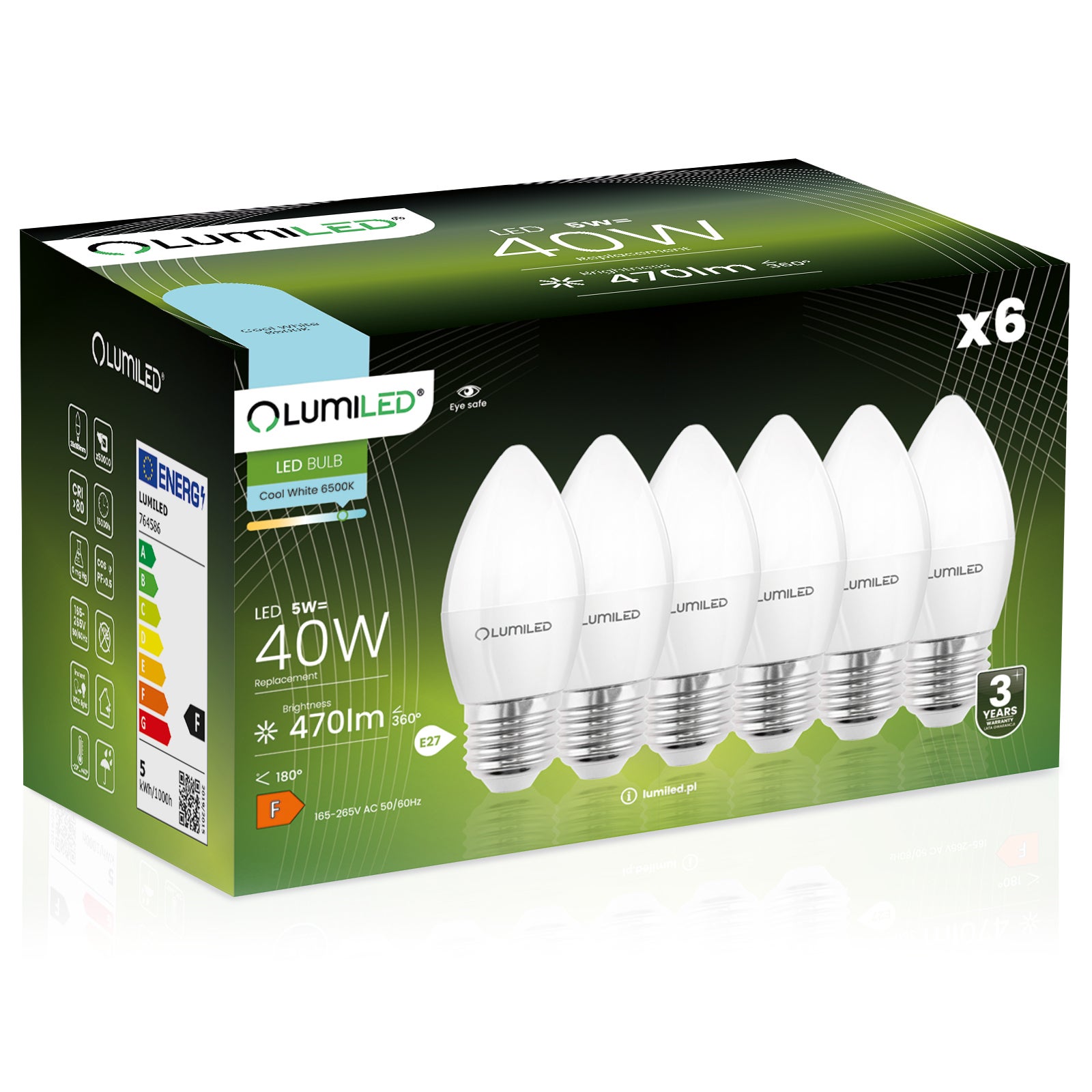 6x Żarówka Lumiled LED E27 Świeczka B35 5W = 40W 470lm 6500K Zimna 180st