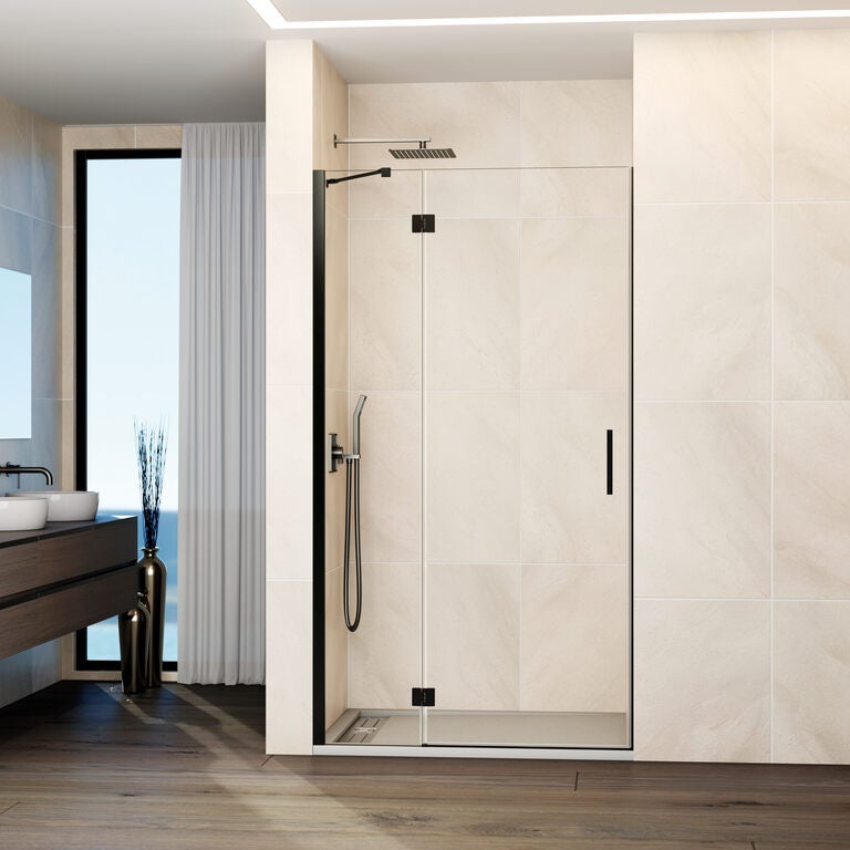 Kabina frontowa GLASS panel stały + drzwi uchylne zamknięcie magnetyczne 90 cm (87-90; 40+50) tytan