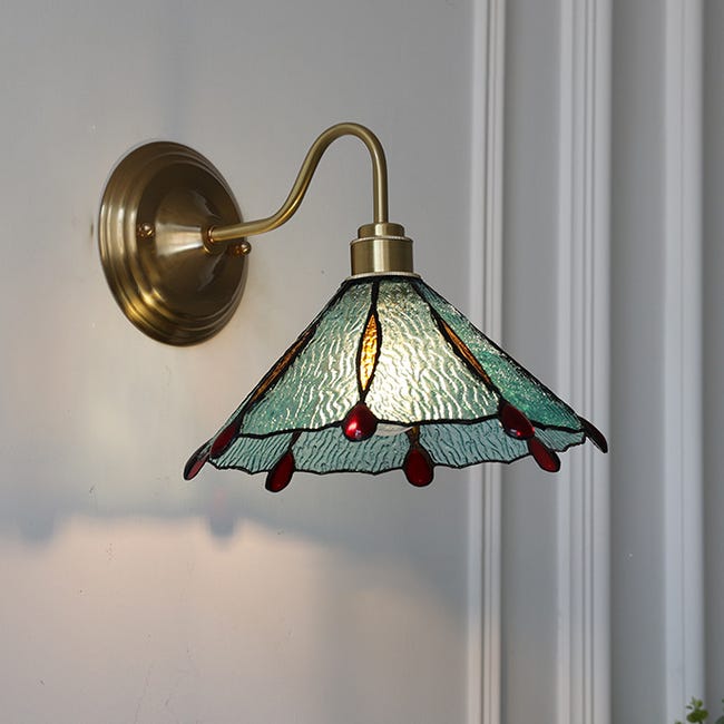 Kinkiet, lampka nocna w stylu retro, mosiężny kinkiet ze szklanym kloszem, lampa ścienna do wnętrz, ciepłe światło 3000K