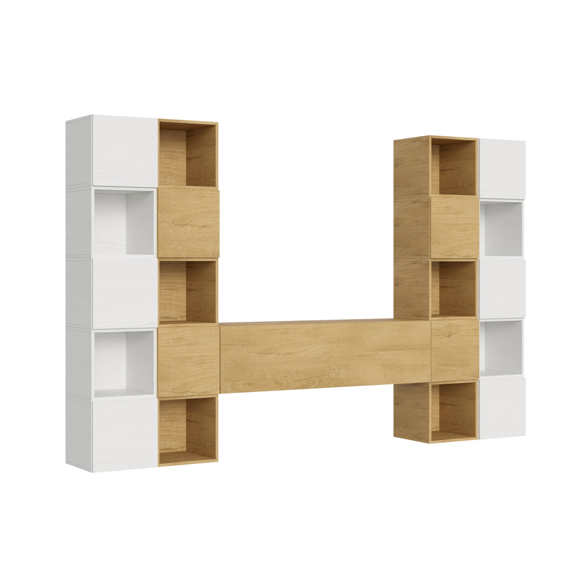 Mueble de pared A109, ancho 314, alto 200, profundidad 39,5, roble y blanco, amplio salón moderno.