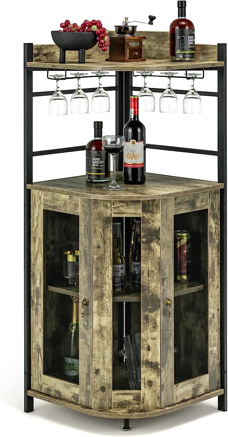 Industrialna szafka na wino, szafka barowa z uchwytem na szkło, narożna szafka kuchenna, z metalowej ramy, 46 x 46 x 130 cm