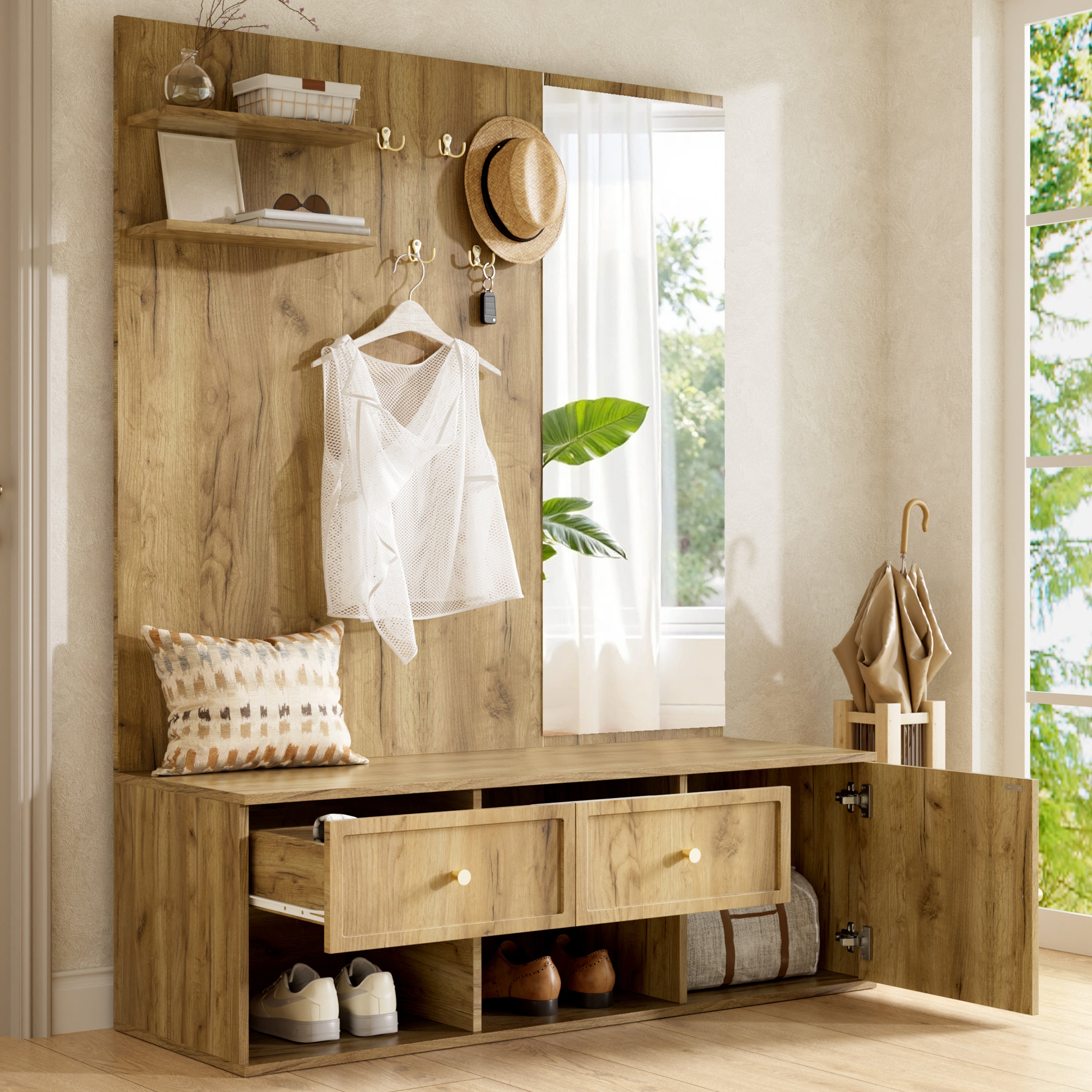 Komplet wiatrołapowy 120x35x159cm - z lustrem i ławką na buty - półka wisząca i 5 haczyków - Naturalny