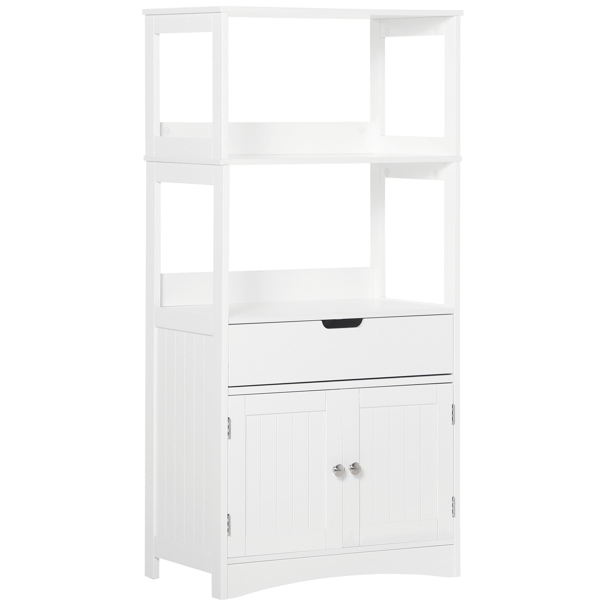 Szafka łazienkowa – 2 drzwi, szuflada, 3 półki – wymiary: 60 dł. x 33 szer. x 122 wys. cm – biała płyta MDF